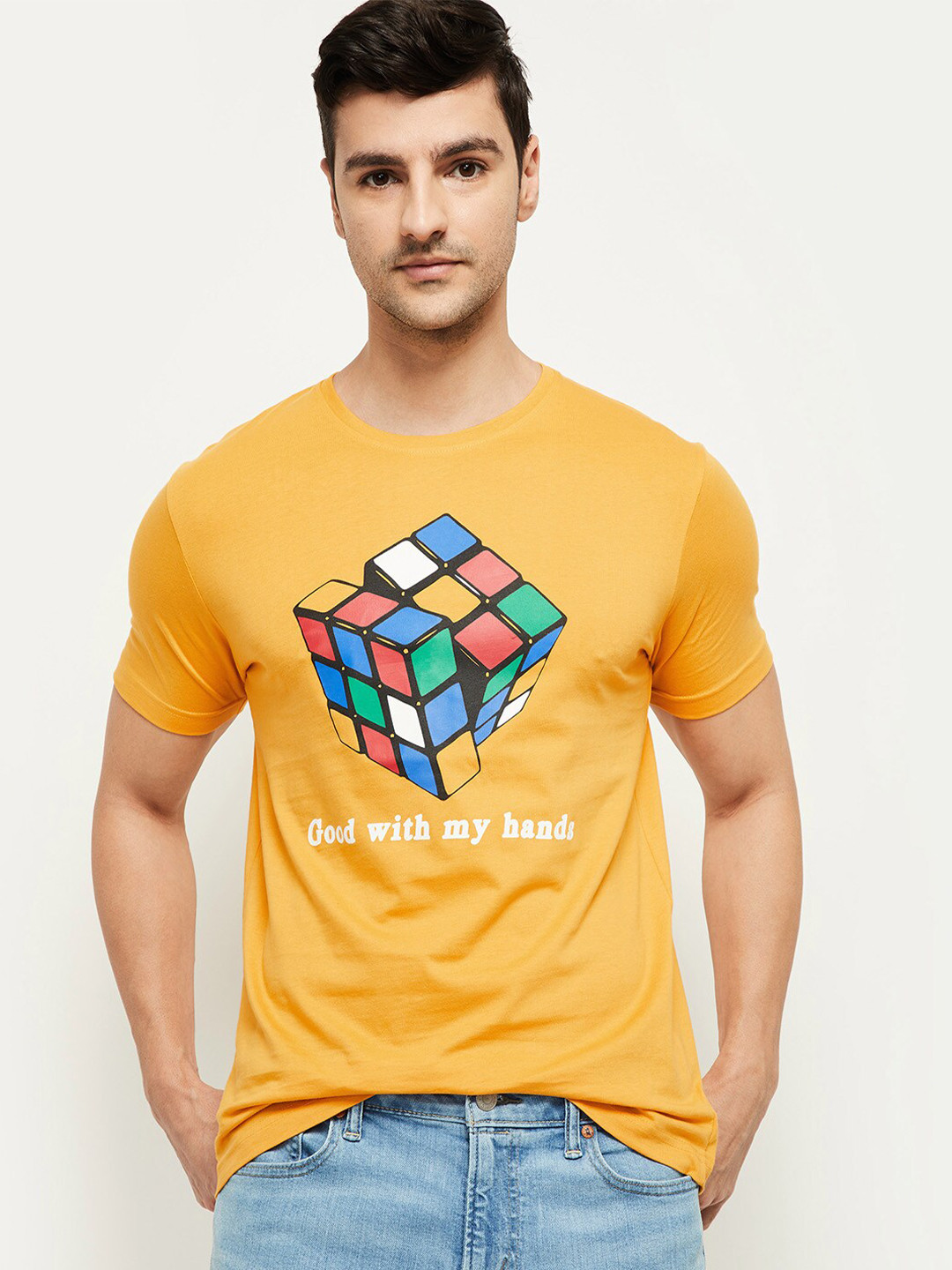 

max Men Yellow & Pink Printed Pure Cotton T-shirt