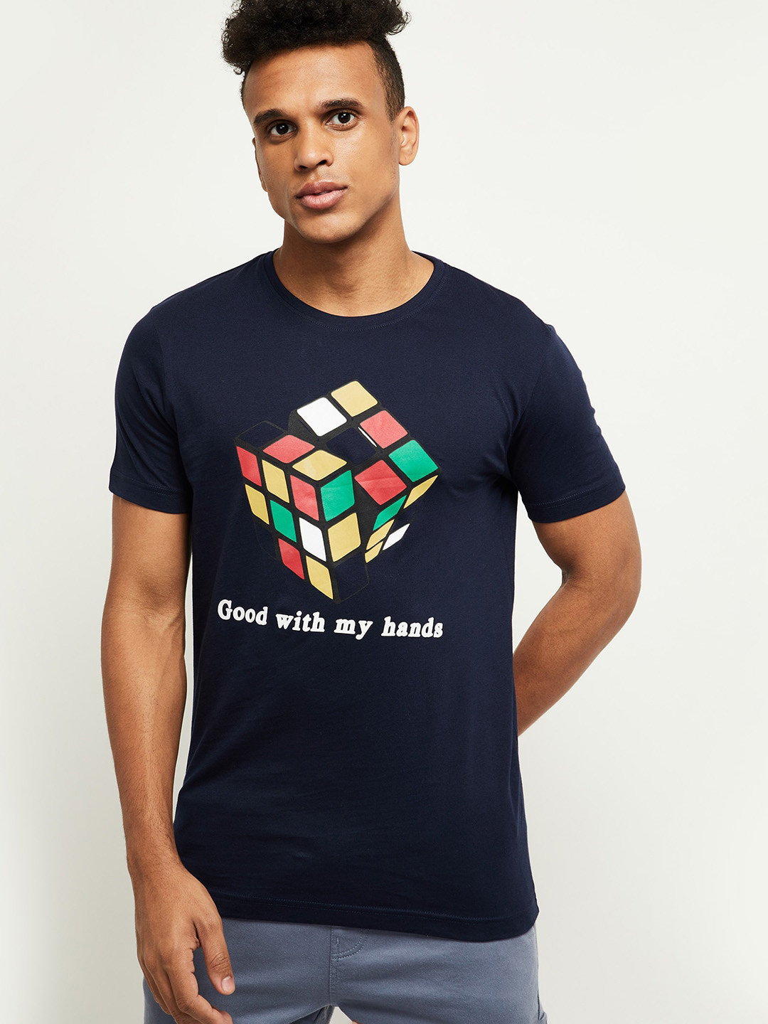 

max Men Navy Blue & Pink Printed Pure Cotton T-shirt