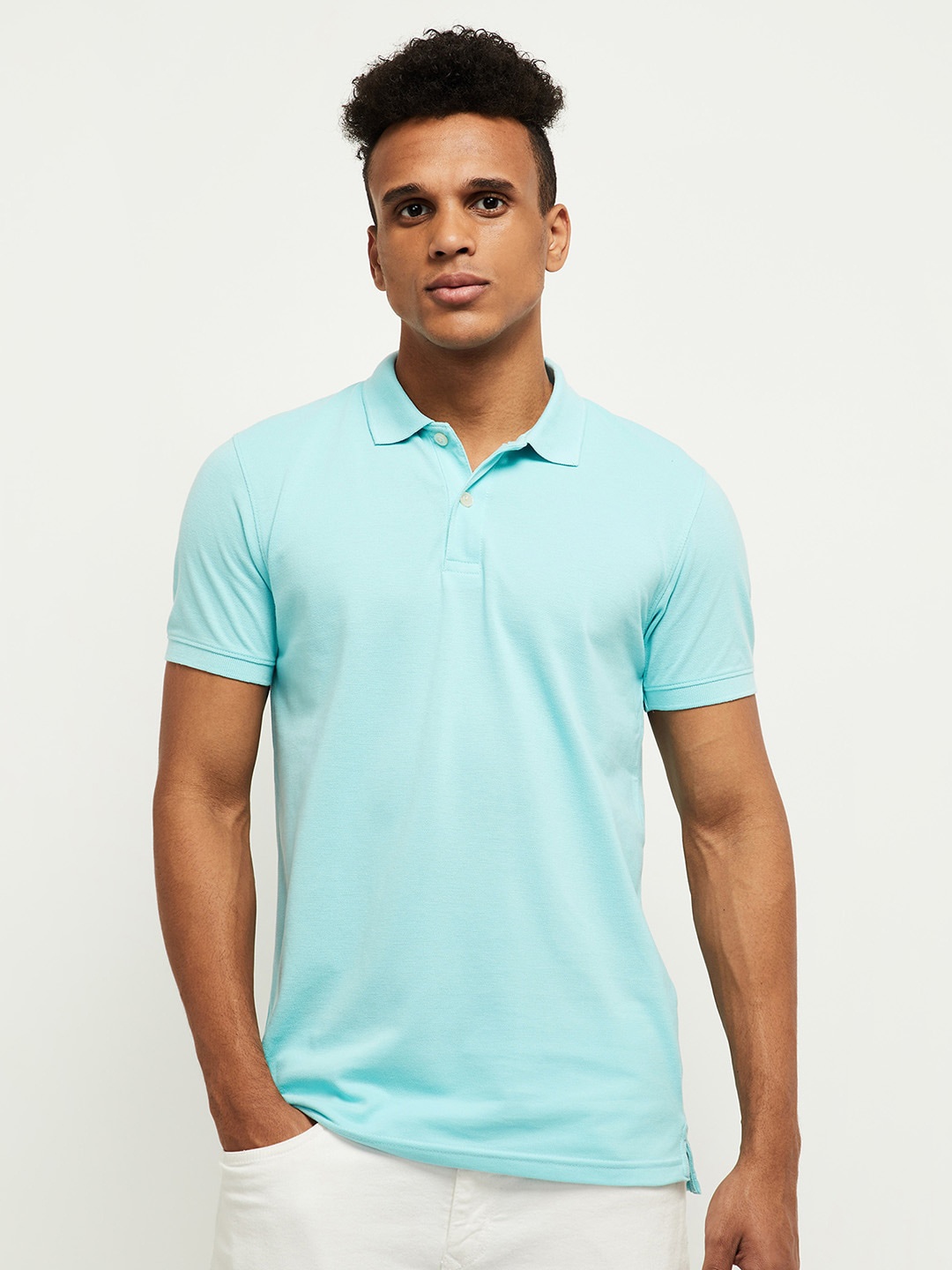 

max Men Sea Green Polo Collar T-shirt