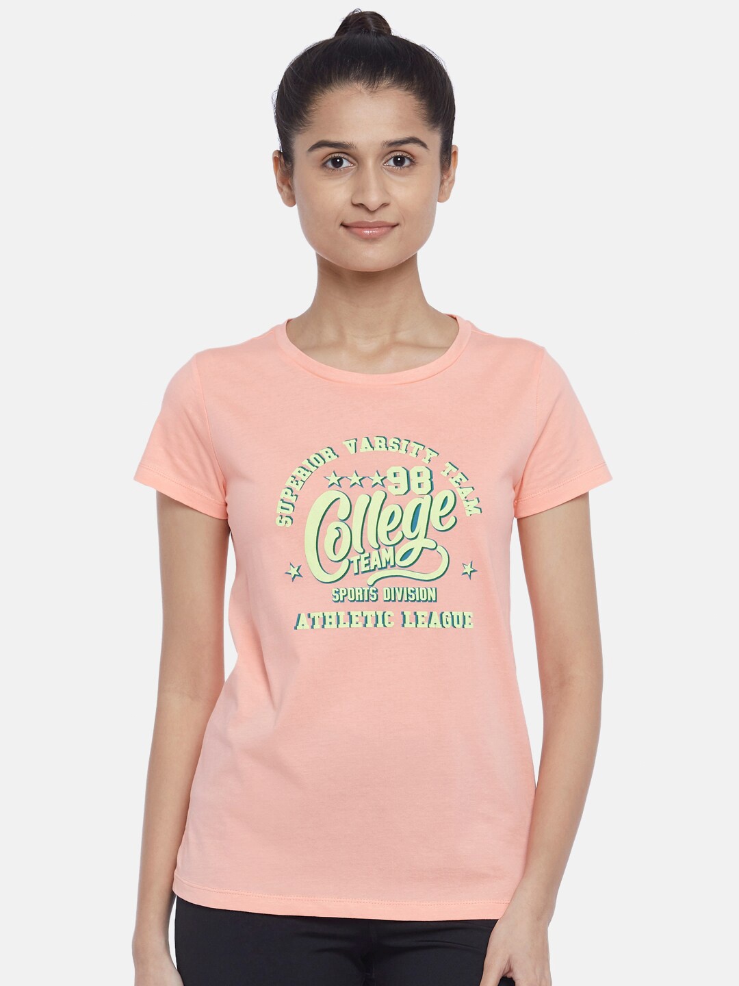 

Ajile by Pantaloons Women Peach-Coloured Typography Printed Pure Cotton T-shirt