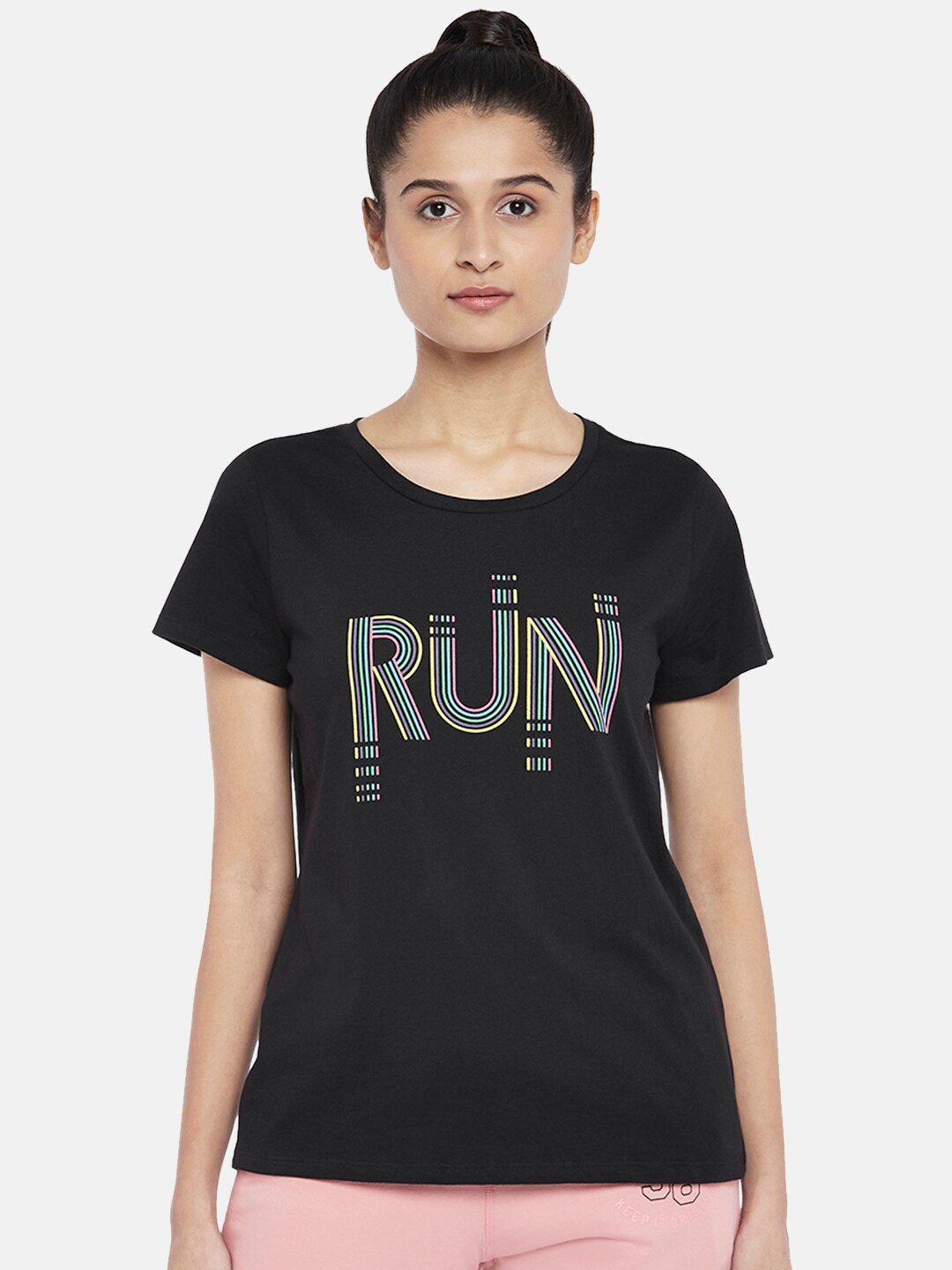 

Ajile by Pantaloons Women Black Printed Pure Cotton T-shirt