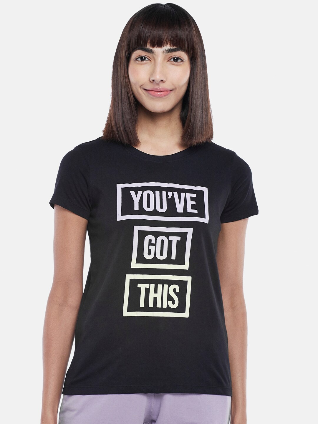 

Ajile by Pantaloons Women Black Typography Printed Round Neck Regular Fit T-shirt