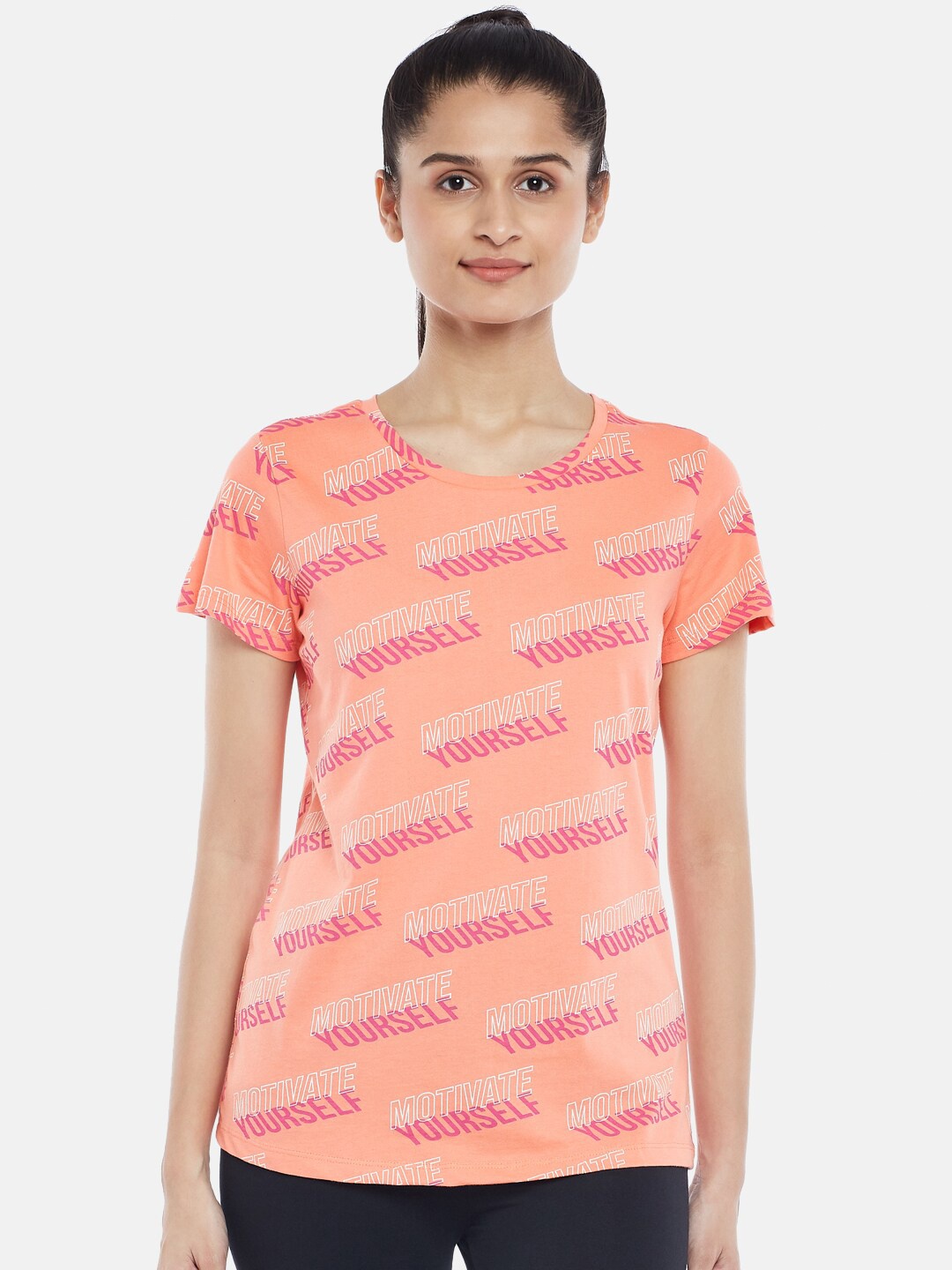 

Ajile by Pantaloons Women Coral Typography Printed Pure Cotton T-shirt