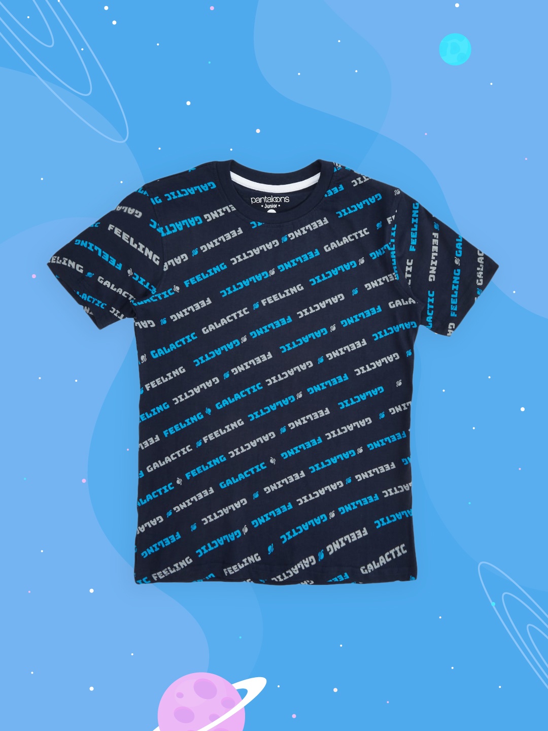 

Pantaloons Junior Boys Navy Blue & Grey Typography Printed Pure Cotton T-shirt