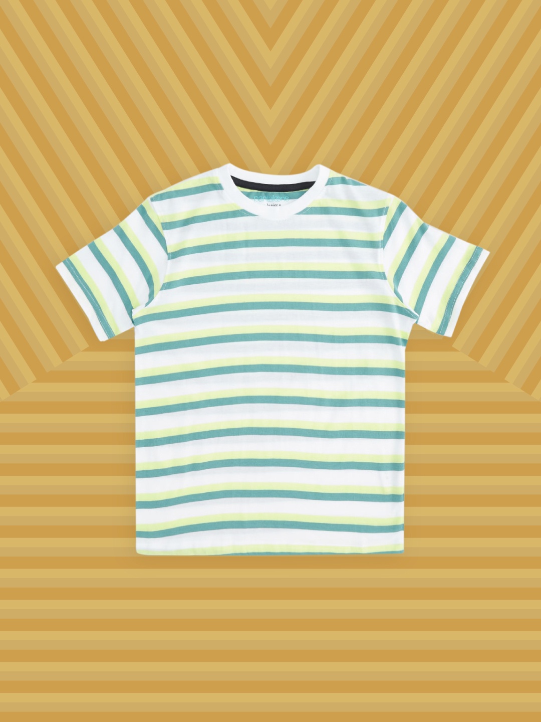 

Pantaloons Junior Boys Green & White Striped Pure Cotton T-shirt