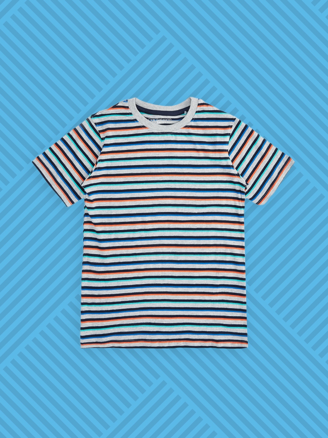 

Pantaloons Junior Boys Grey Melange & Blue Striped Pure Cotton T-shirt