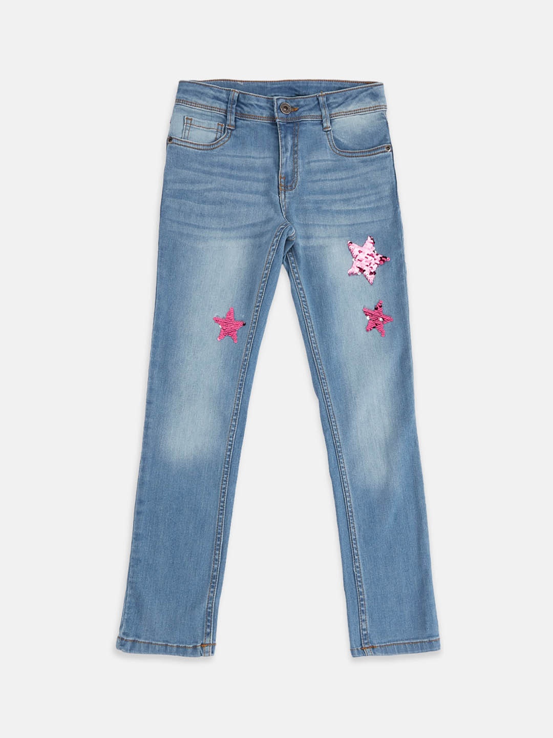 

Pantaloons Junior Girls Blue Pure Cotton Embellished Light Fade Jeans
