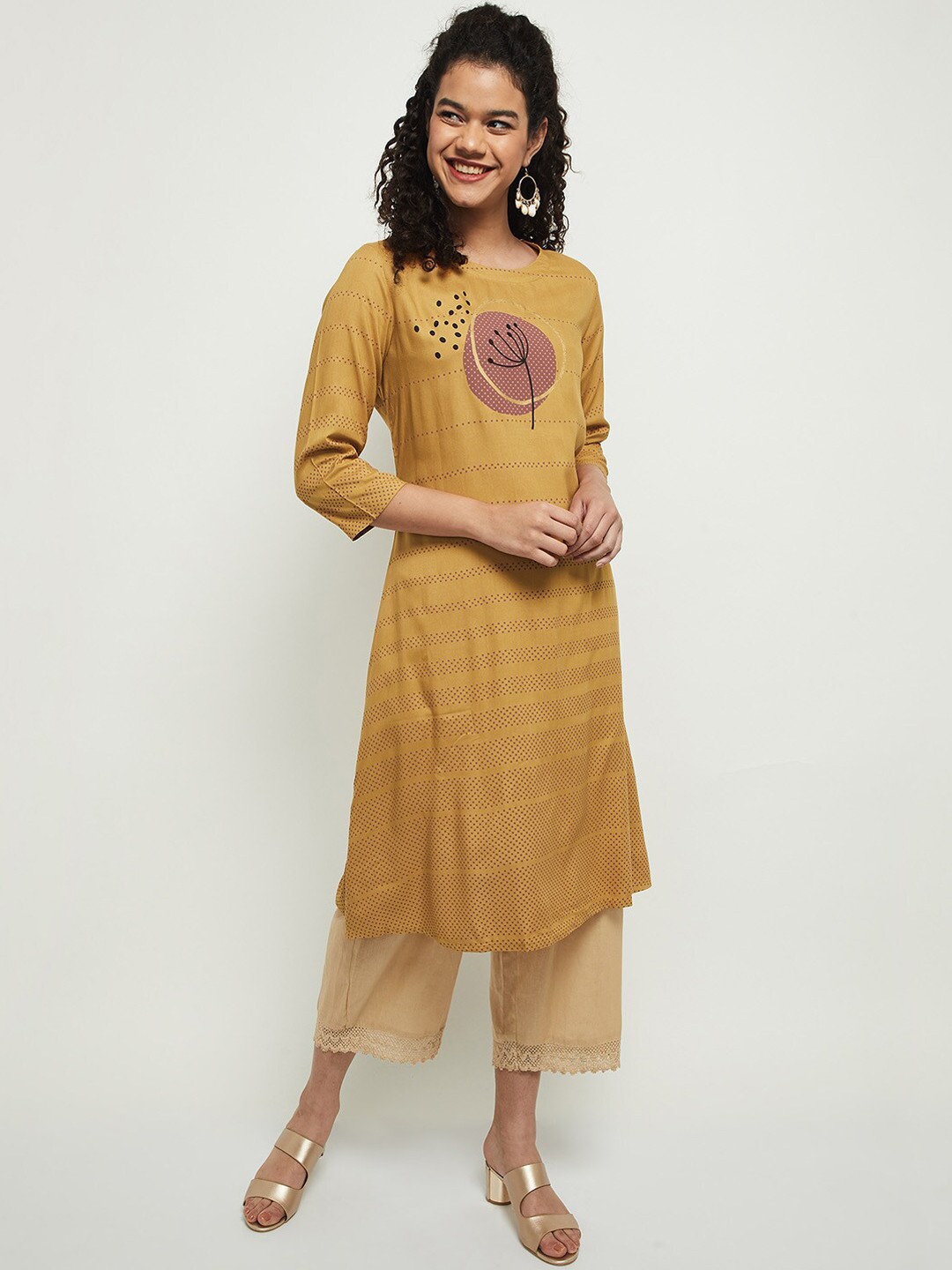 

max Women Mustard Yellow Ethnic Motifs Printed Kurta