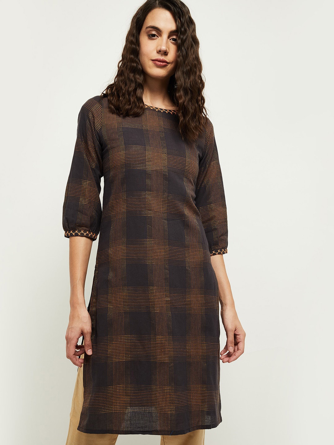 

max Women Brown & Black Checked Kurta