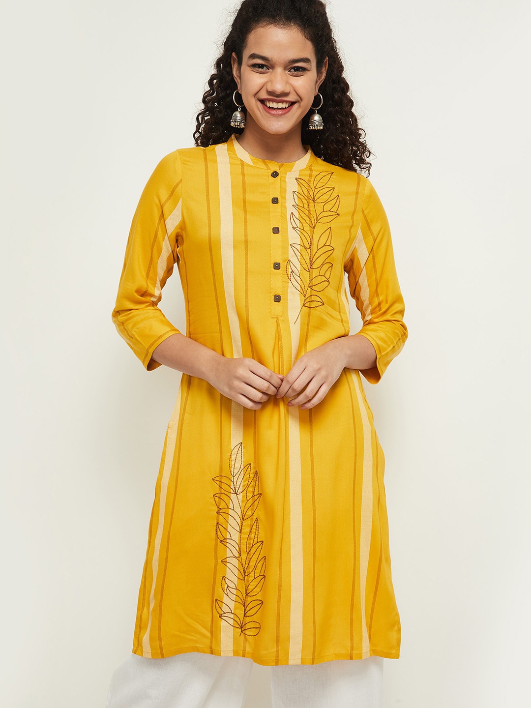 

max Women Mustard Yellow & Cream-Coloured Striped Kurta