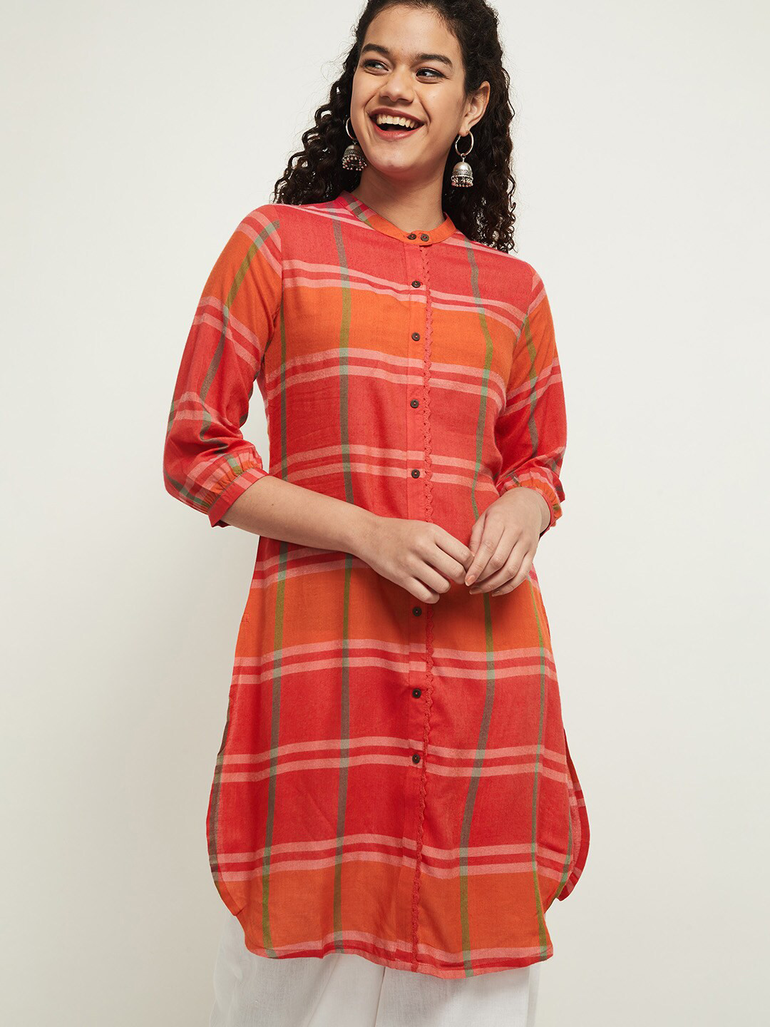 

max Women Orange Checked Kurta