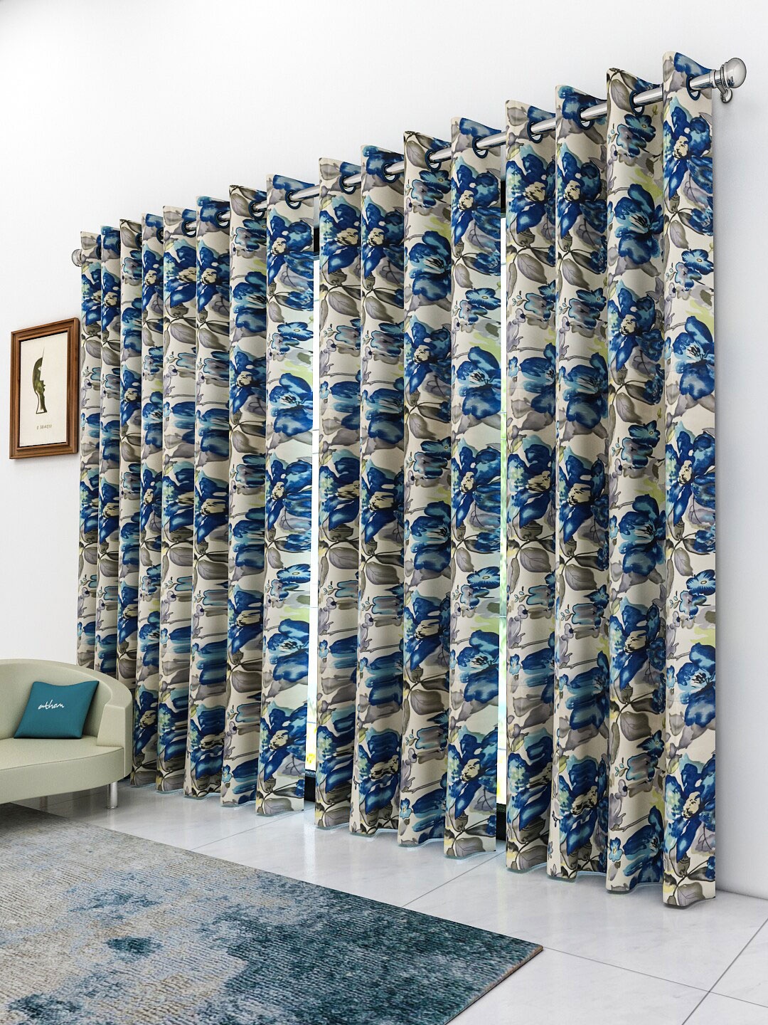 

Athom Trendz Off White & Blue Set of 4 Floral Printed Door Curtain