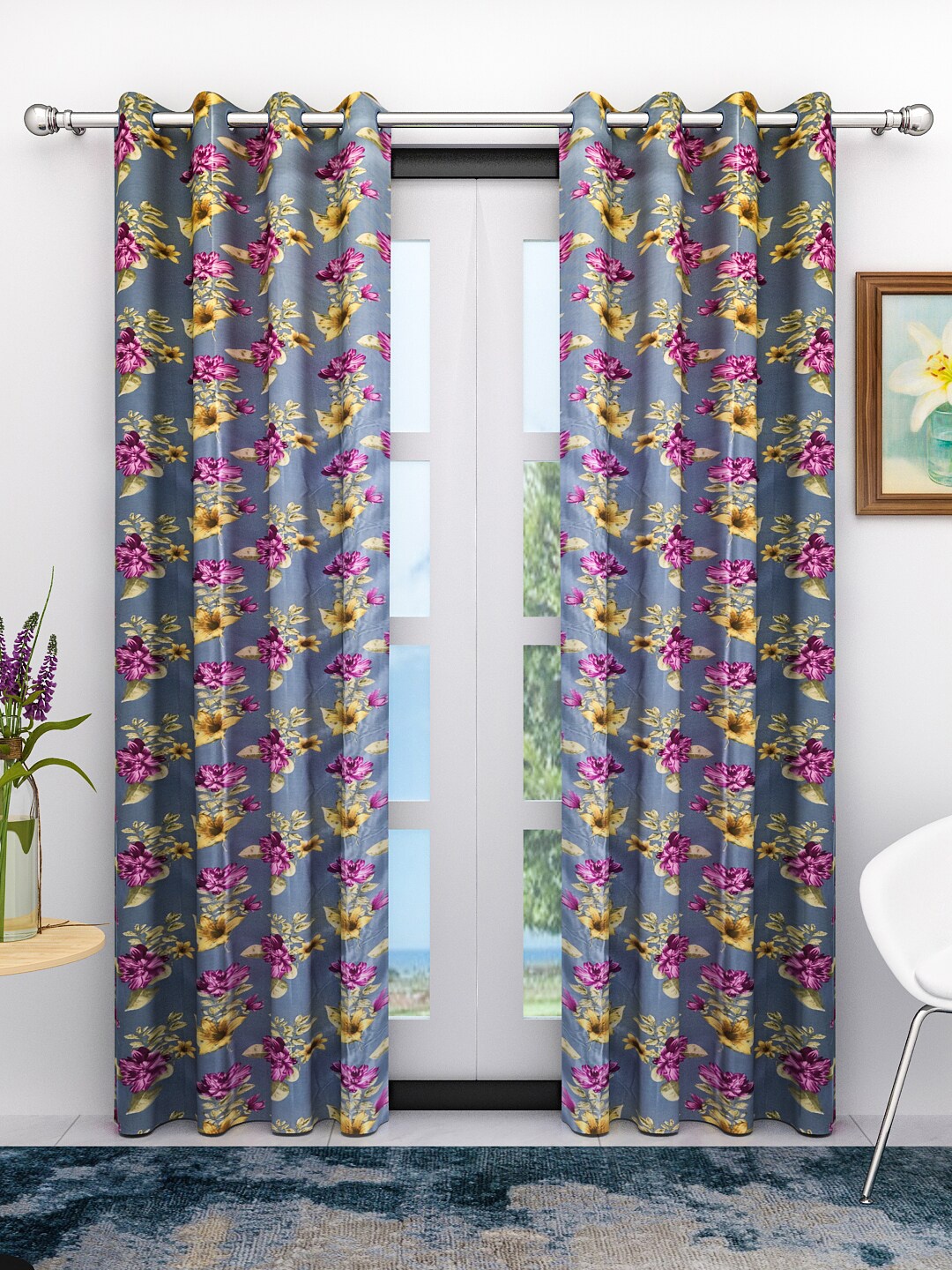 

Athom Trendz Grey & Pink Set of 2 Floral Door Curtain