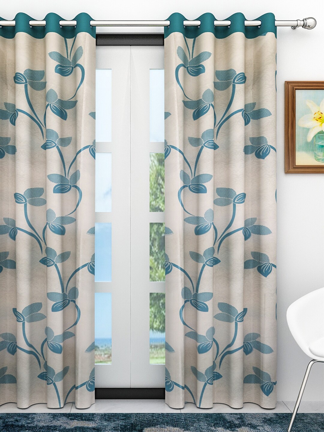 

Athom Trendz Teal & White Floral Printed Single Door Curtain