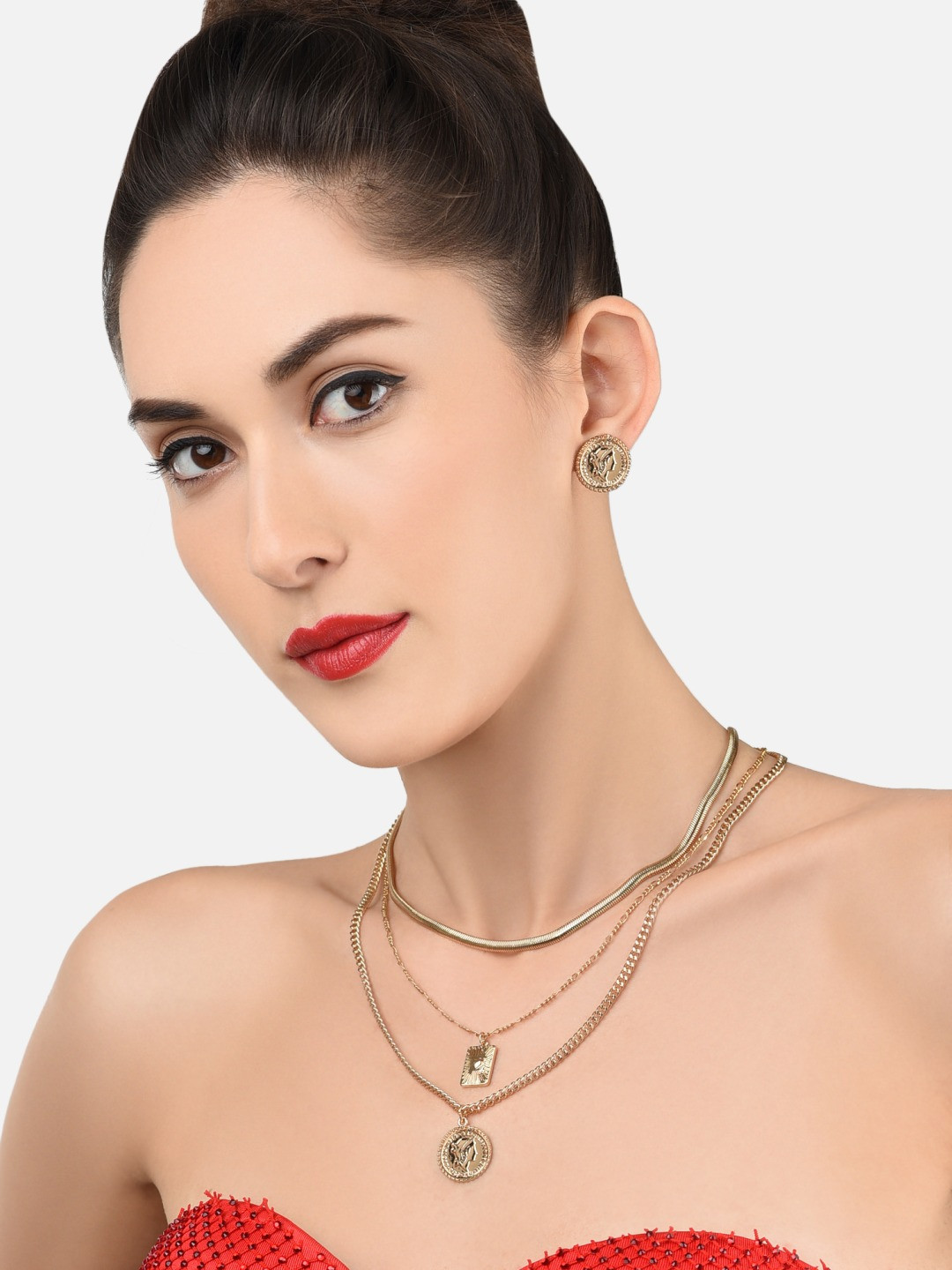 

AMI Gold-Plated Multi-Layered Chain Necklace With Earrings