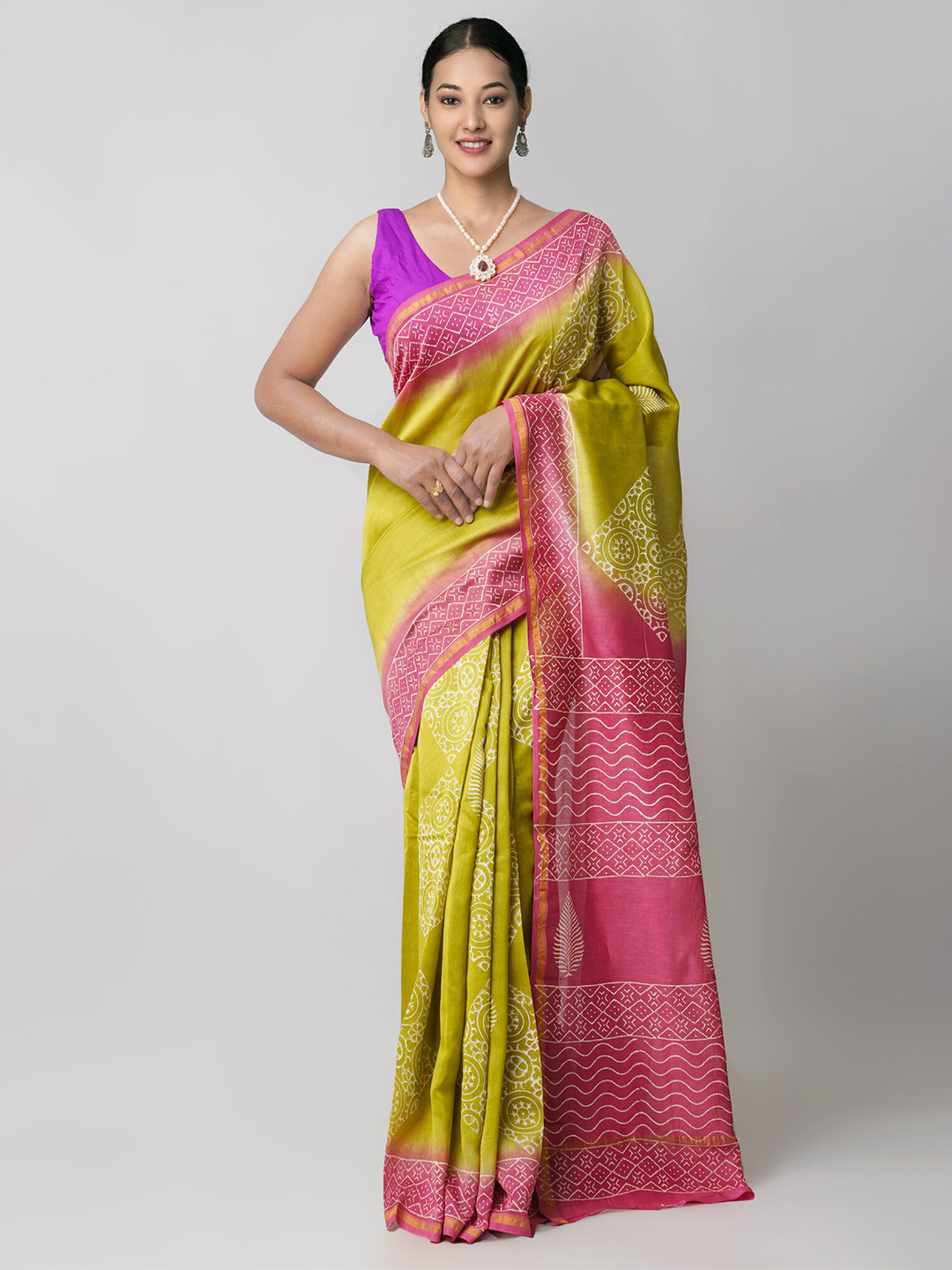 

Unnati Silks Green & Pink Printed Silk Cotton Chanderi Saree