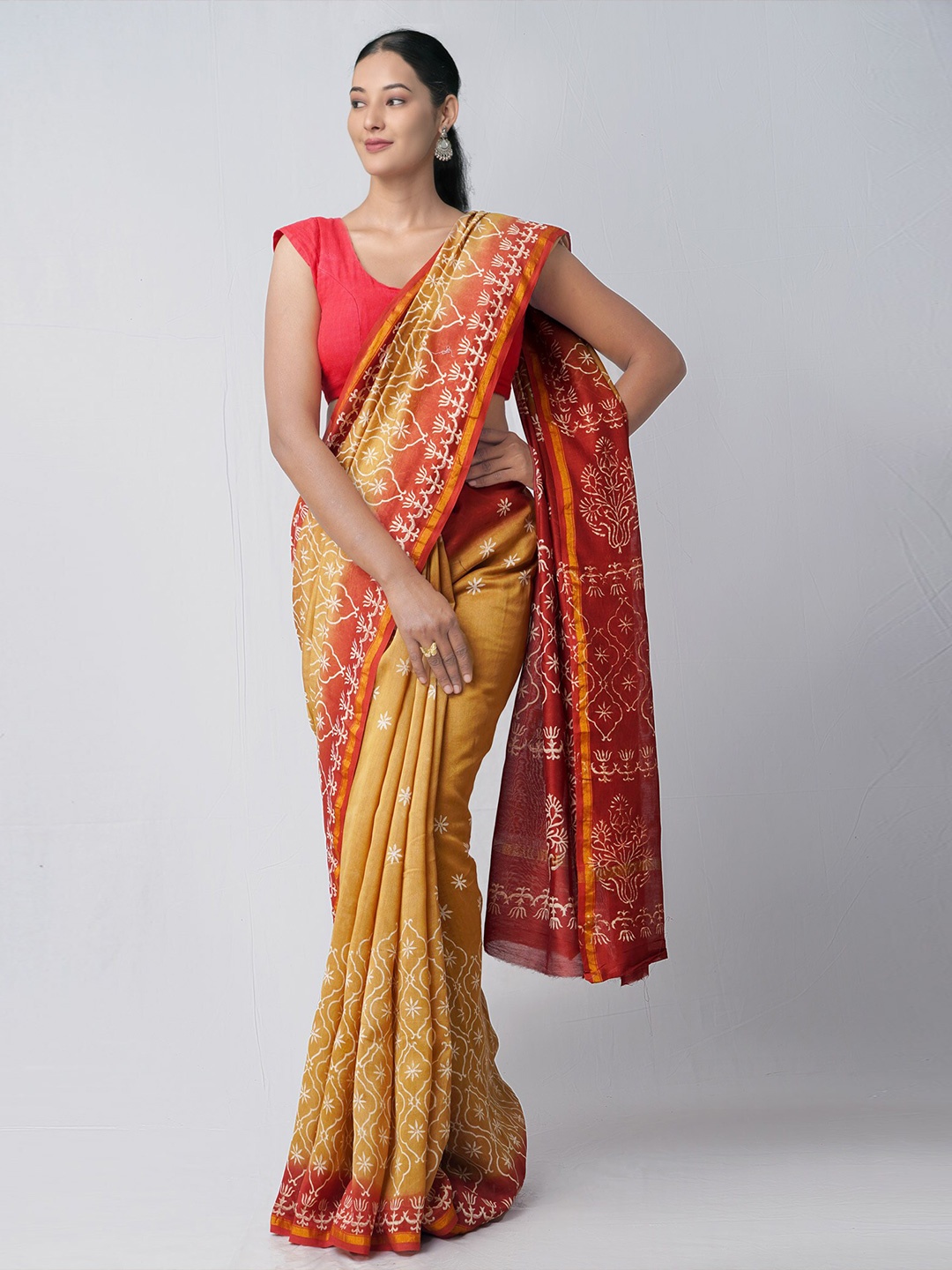 

Unnati Silks Women Brown & Mustard Ethnic Motifs Zari Silk Cotton Chanderi Saree
