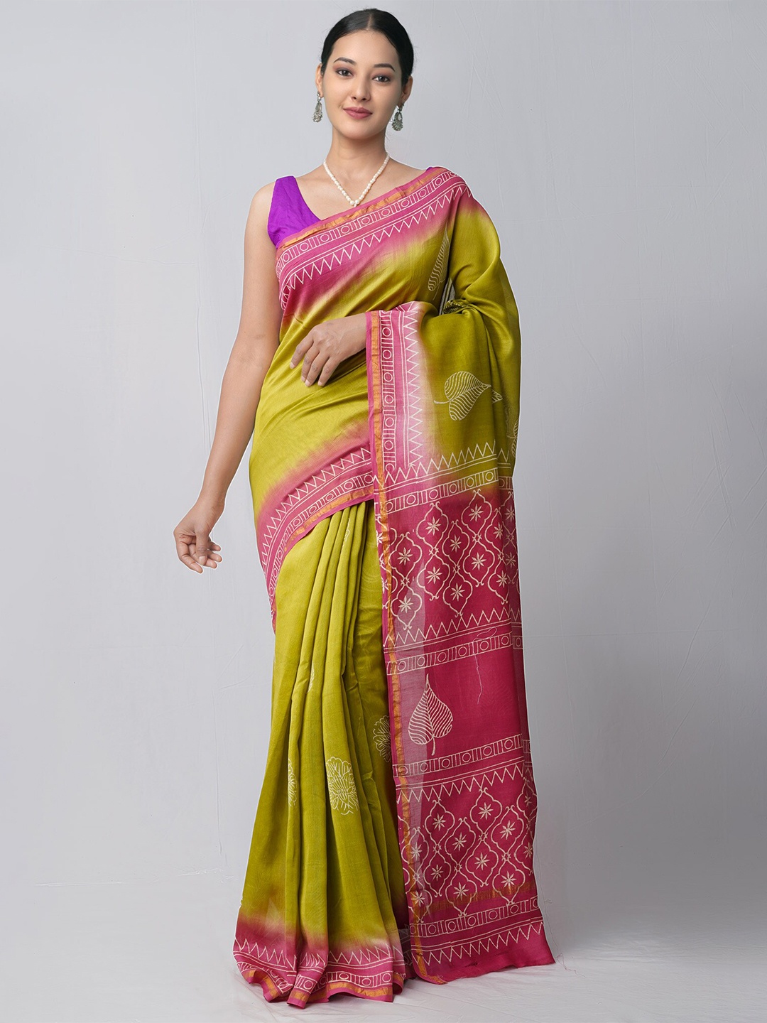 

Unnati Silks Green & Magenta Block Printed Silk Cotton Chanderi Saree