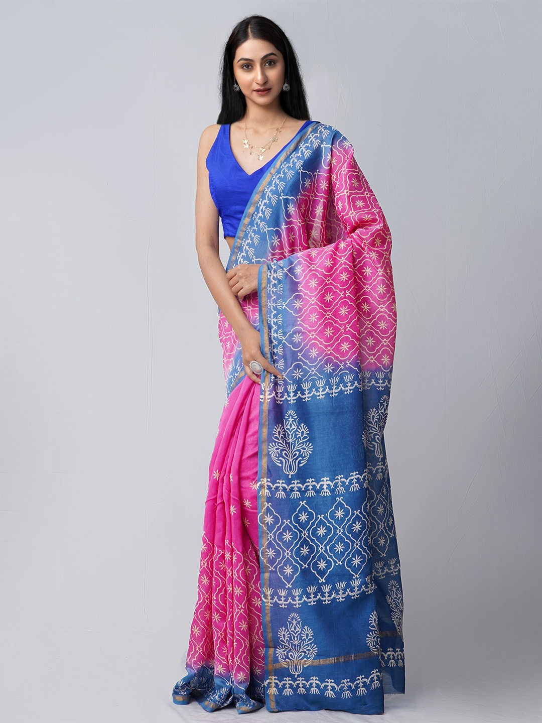 

Unnati Silks Women Pink & Blue Ethnic Motifs Zari Silk Cotton Chanderi Saree