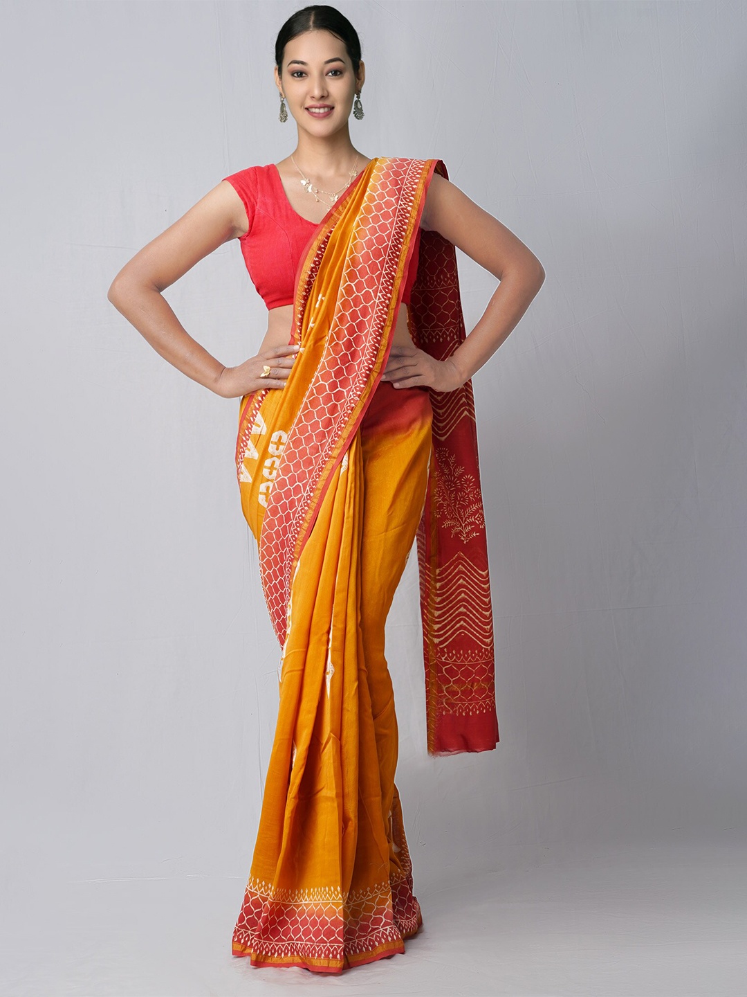 

Unnati Silks Brown & Red Ethnic Motifs Printed Silk Cotton Chanderi Saree