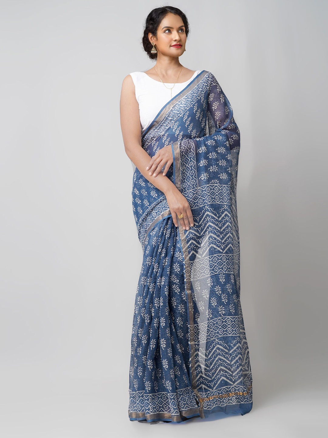 

Unnati Silks Blue & White Ethnic Motifs Hand Block Printed Pure Cotton Kota Saree