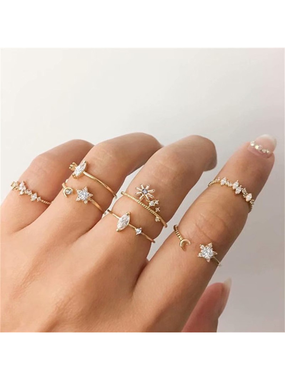 

Vembley Set Of 7 Oxidised Gold-Plated & CZ Studded Finger Rings
