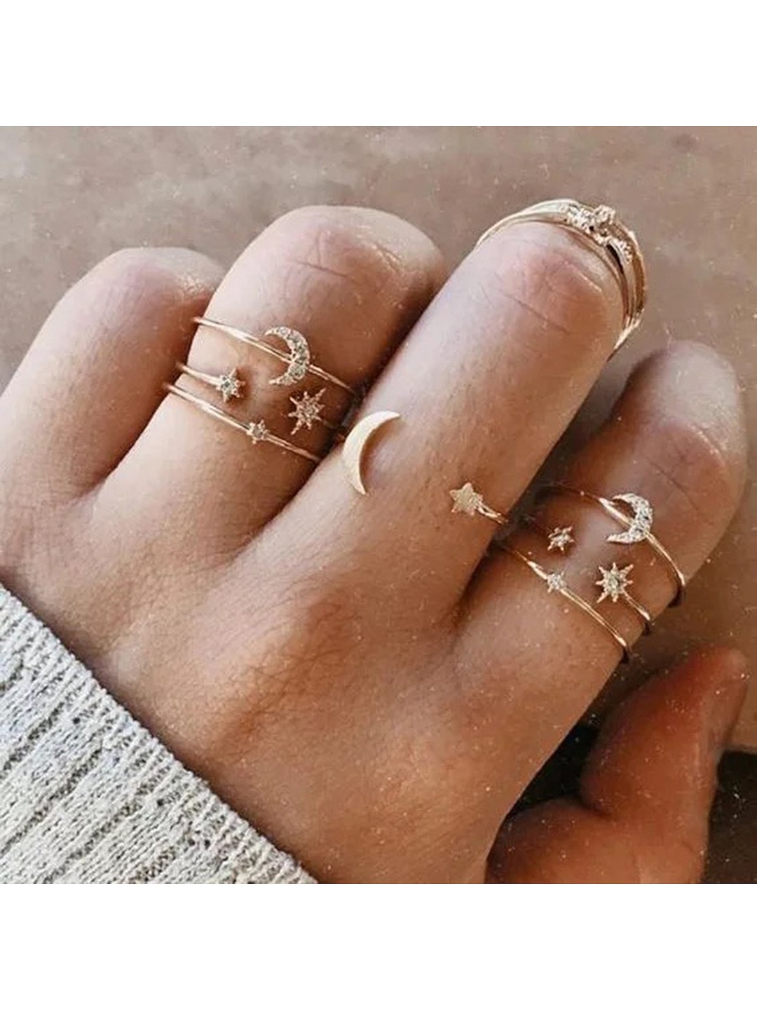 

Vembley Set Of 7 Oxidised Gold-Plated White CZ-Studded Finger Rings