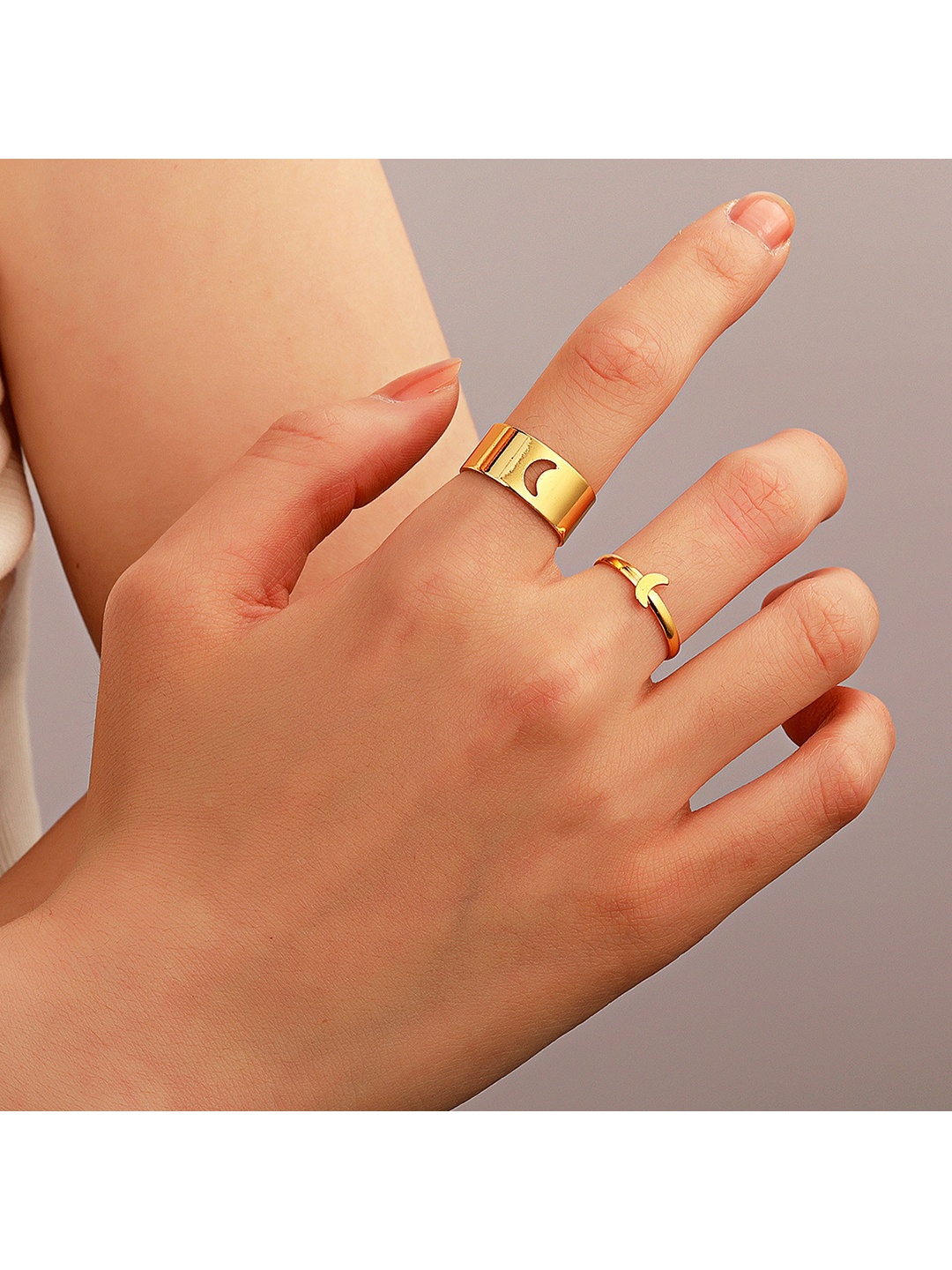

Vembley Gold-Toned Half Moon Couple Adjustable Finger Ring