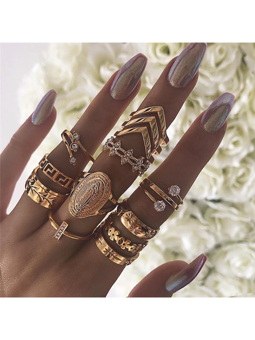 

Vembley Set Of 13 Oxidised Gold-Plated White CZ-Studded Finger Ring