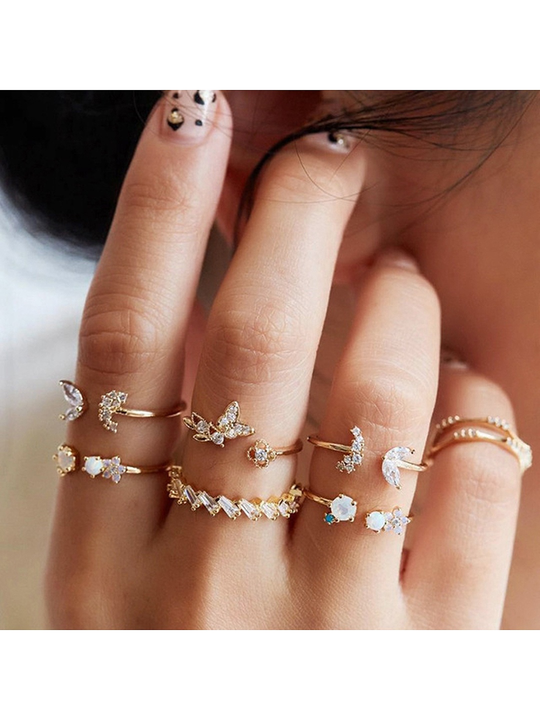 

Vembley Set Of 7 Oxidised Gold-Plated White CZ-Studded Adjustable Finger Ring