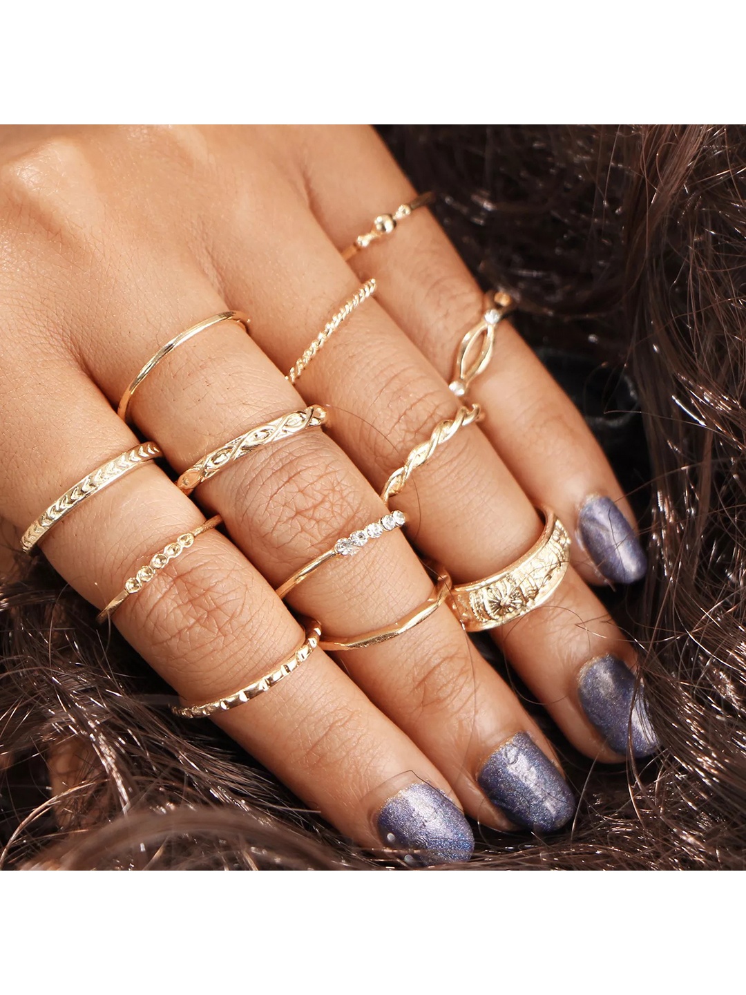 

Vembley Set Of 12 Oxidised Gold-Plated White CZ-Studded Adjustable Finger Ring