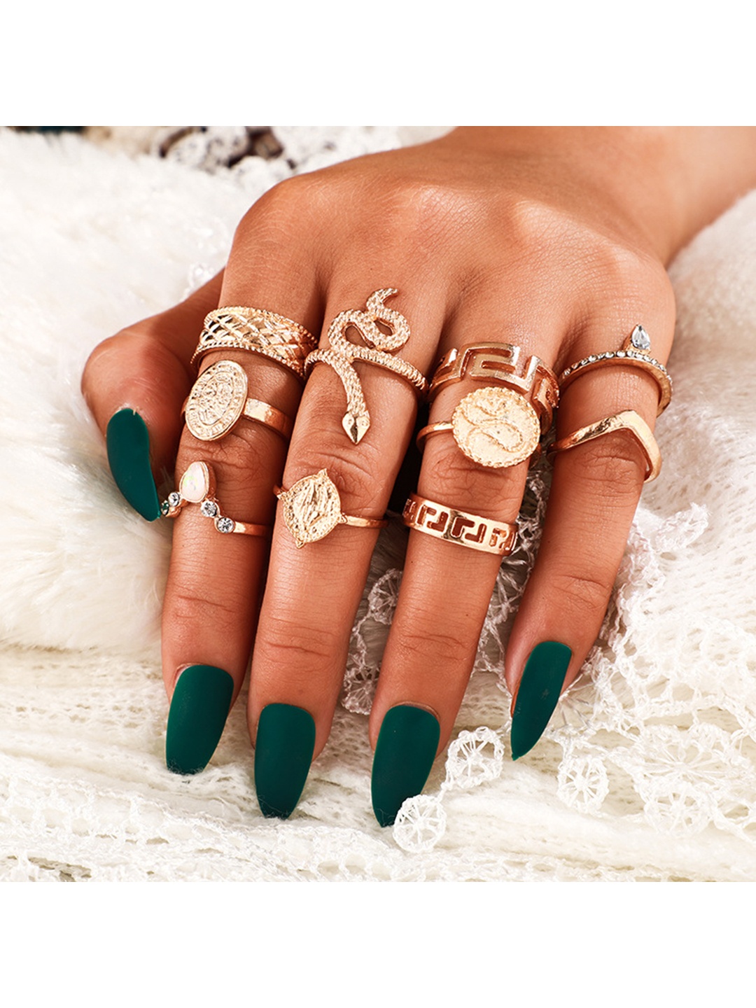 

Vembley Set Of 10 Oxidised Gold-Plated White CZ-Studded Finger Ring
