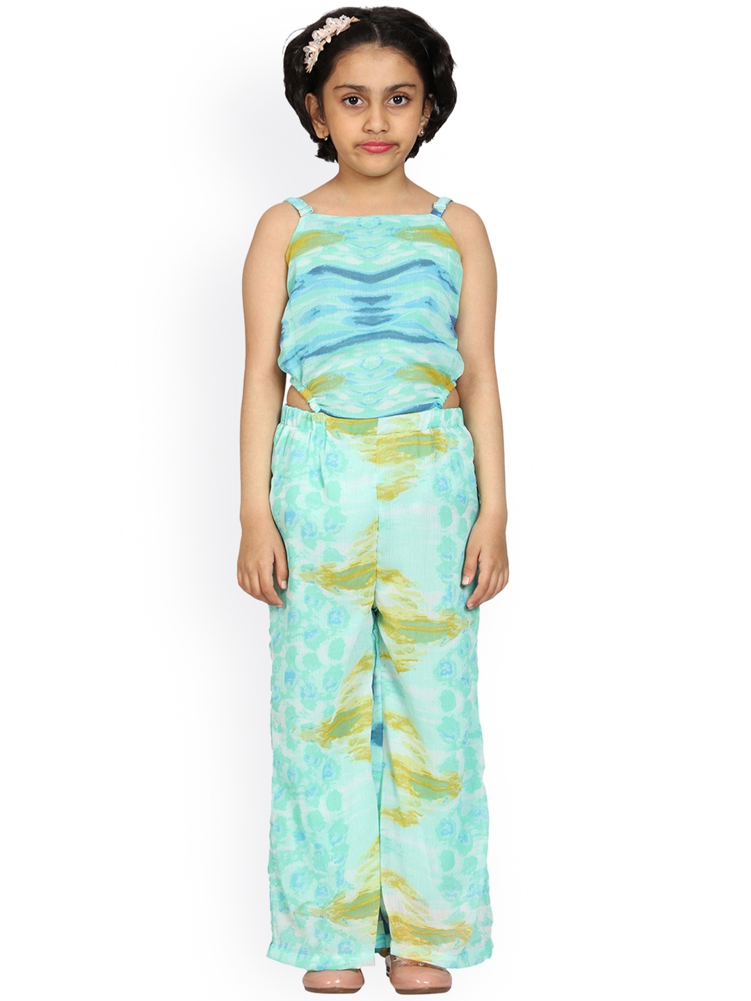 

KiddoPanti Girls Green & Blue Printed Waist Cut Out Basic Jumpsuit