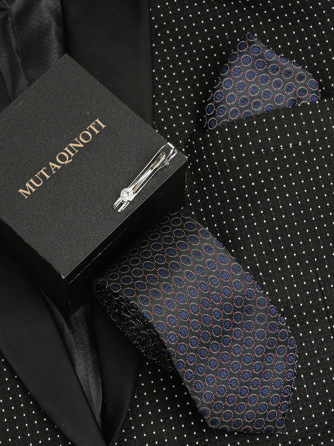 

MUTAQINOTI Men Silk Necktie Accessory Gift Set, Navy blue