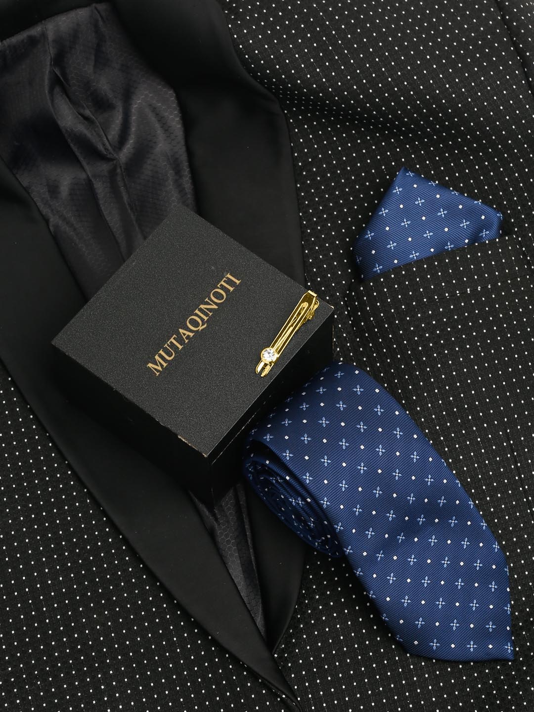 

MUTAQINOTI Men Printed Silk Blend Necktie Accessory Gift Set, Blue