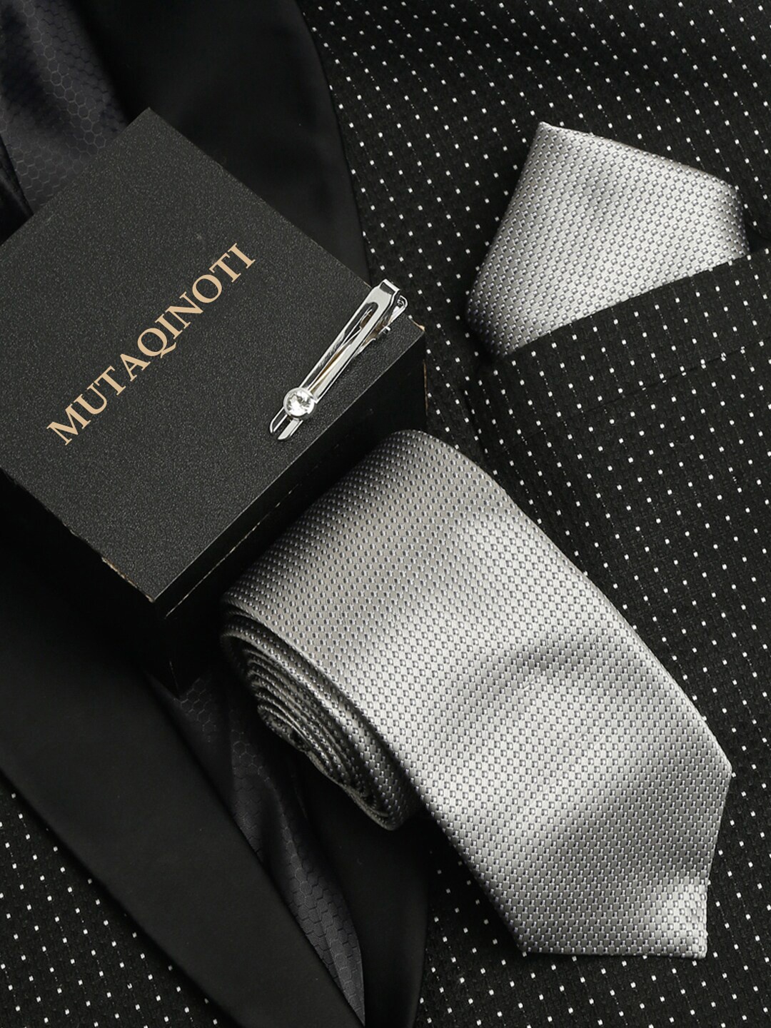 

MUTAQINOTI Men Silk Necktie Accessory Gift Set, Grey
