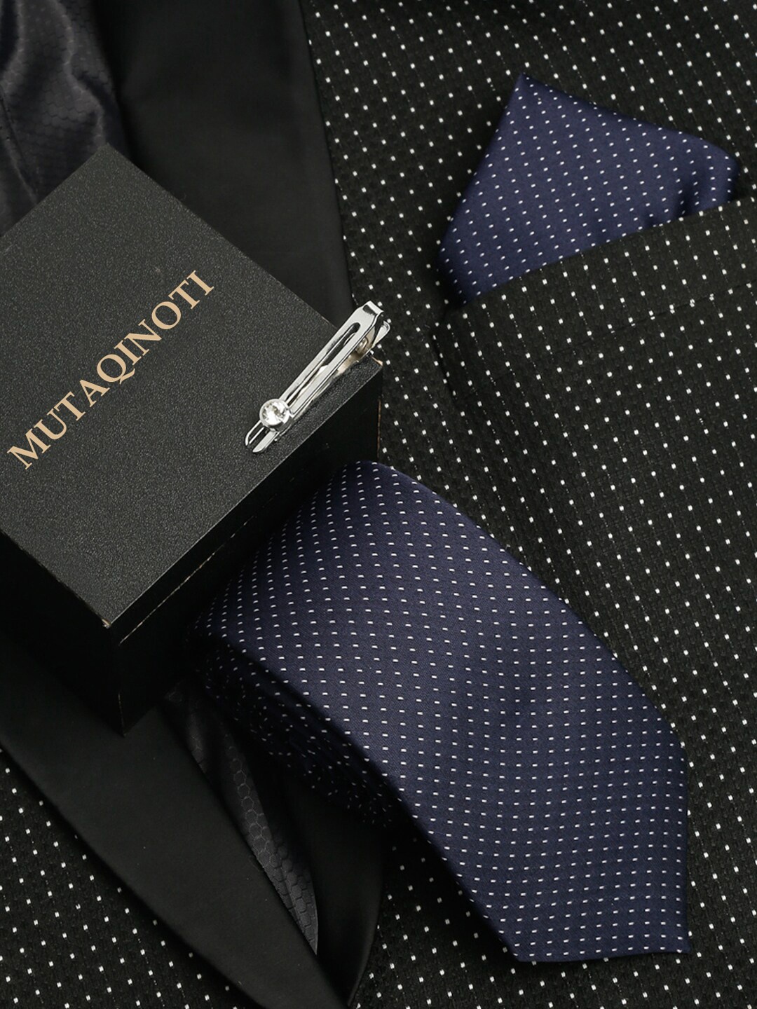 

MUTAQINOTI Men Dotted Pattern Silk Formal Accessory Gift Set, Blue