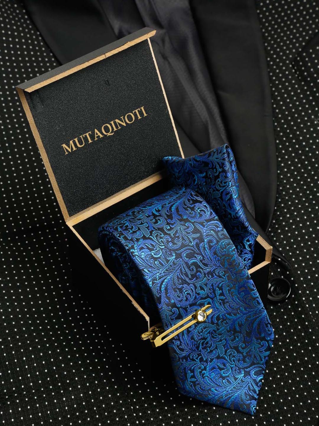 

MUTAQINOTI Men Woven Design Silk Blend Necktie Accessory Gift Set, Blue