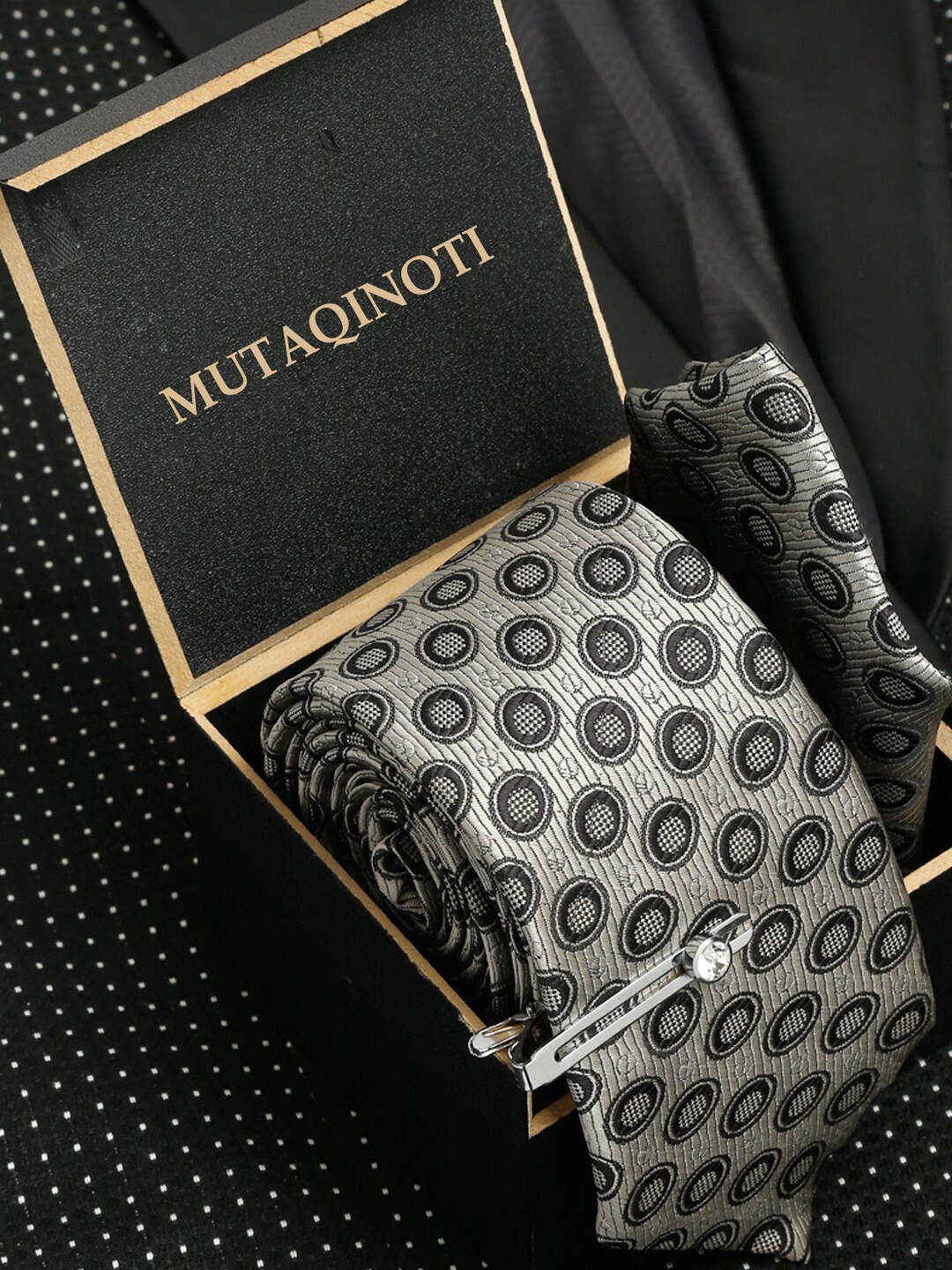 

MUTAQINOTI Men Silk Necktie Accessory Gift Set, Black