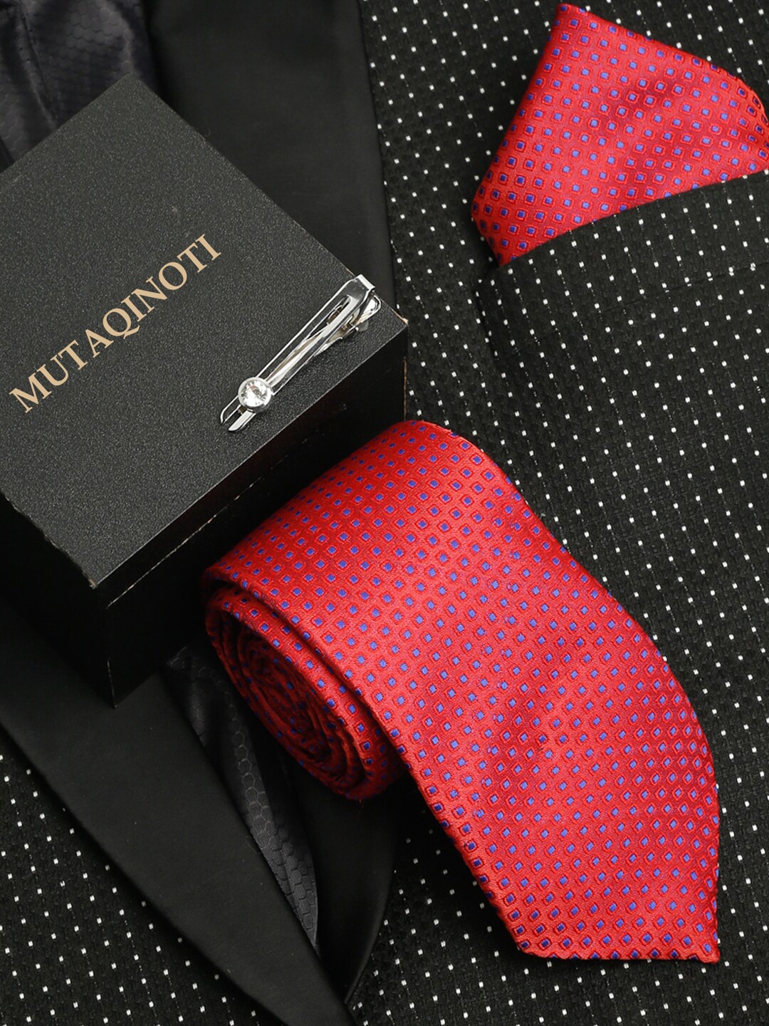 

MUTAQINOTI Men Silk Blend Necktie Accessory Gift Set, Red