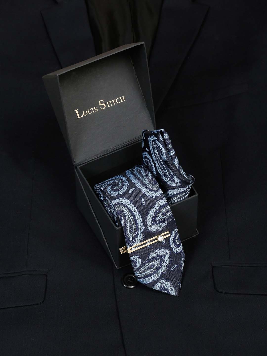 

MUTAQINOTI Men Checked Silk Formal Accessory Gift Set, Blue