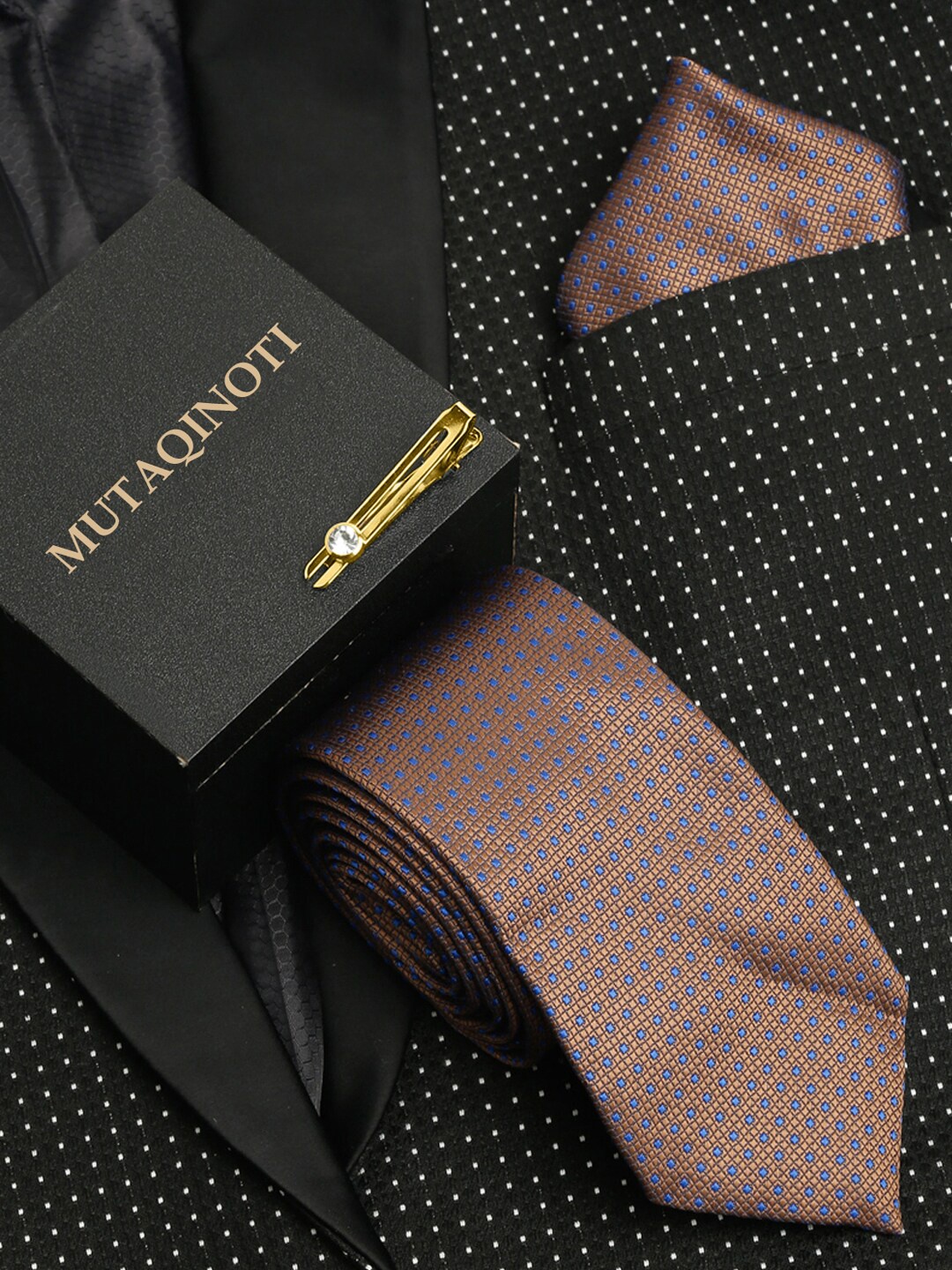 MUTAQINOTI Men Brown & Blue Silk Neck Tie With Pocket Square Gold Tie Pin
MUTAQINOTI Men Brown & Blue Silk Neck Tie With Pocket Square Gold Tie Pin