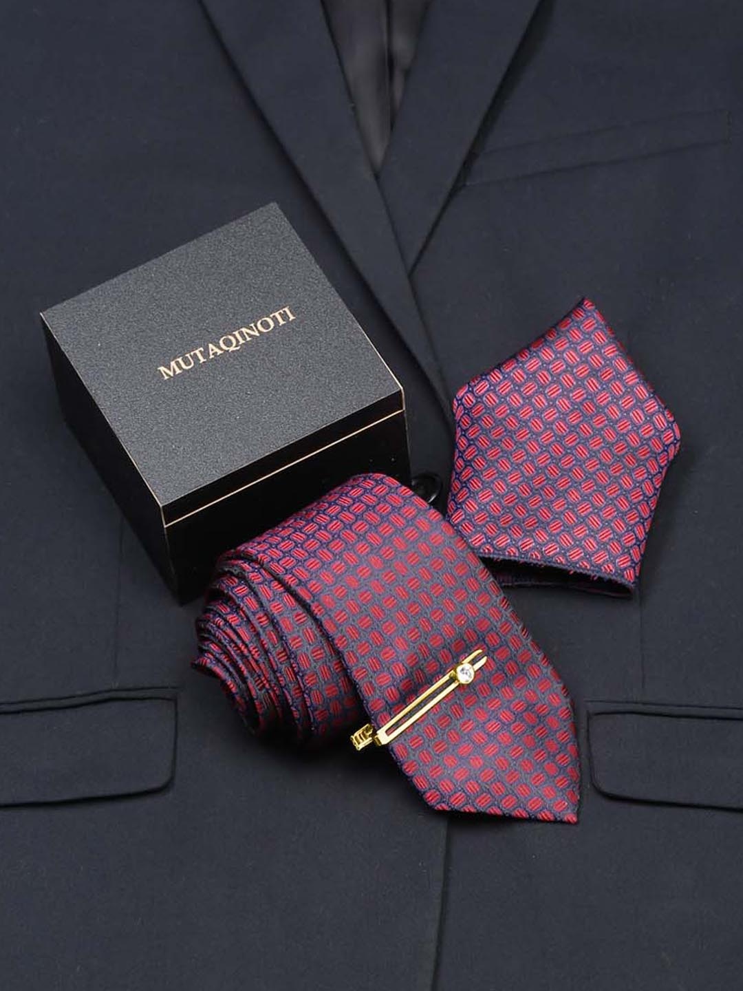 

MUTAQINOTI Men Silk Necktie Accessory Gift Set, Burgundy