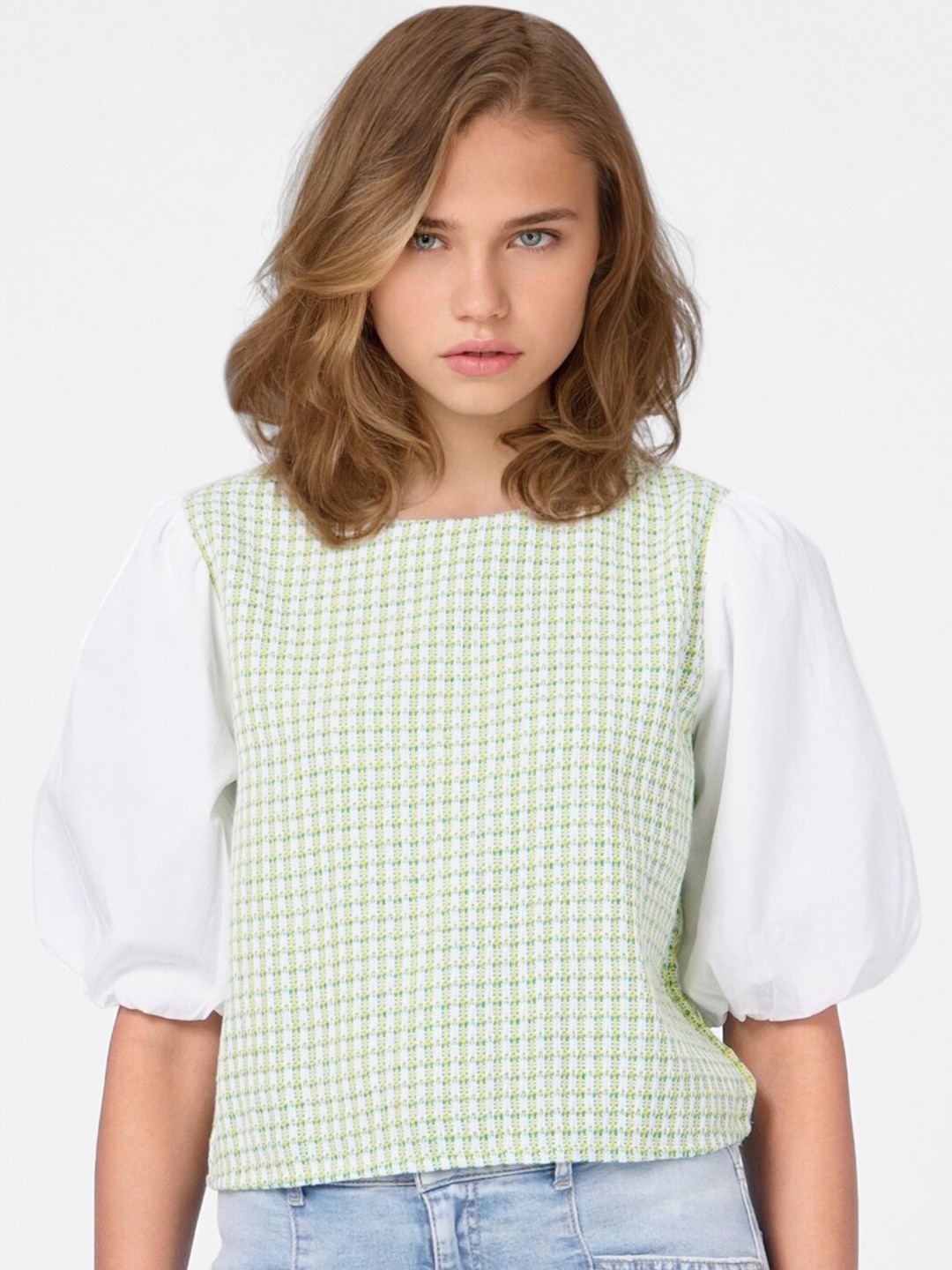 

ONLY Green & White Self Design Top
