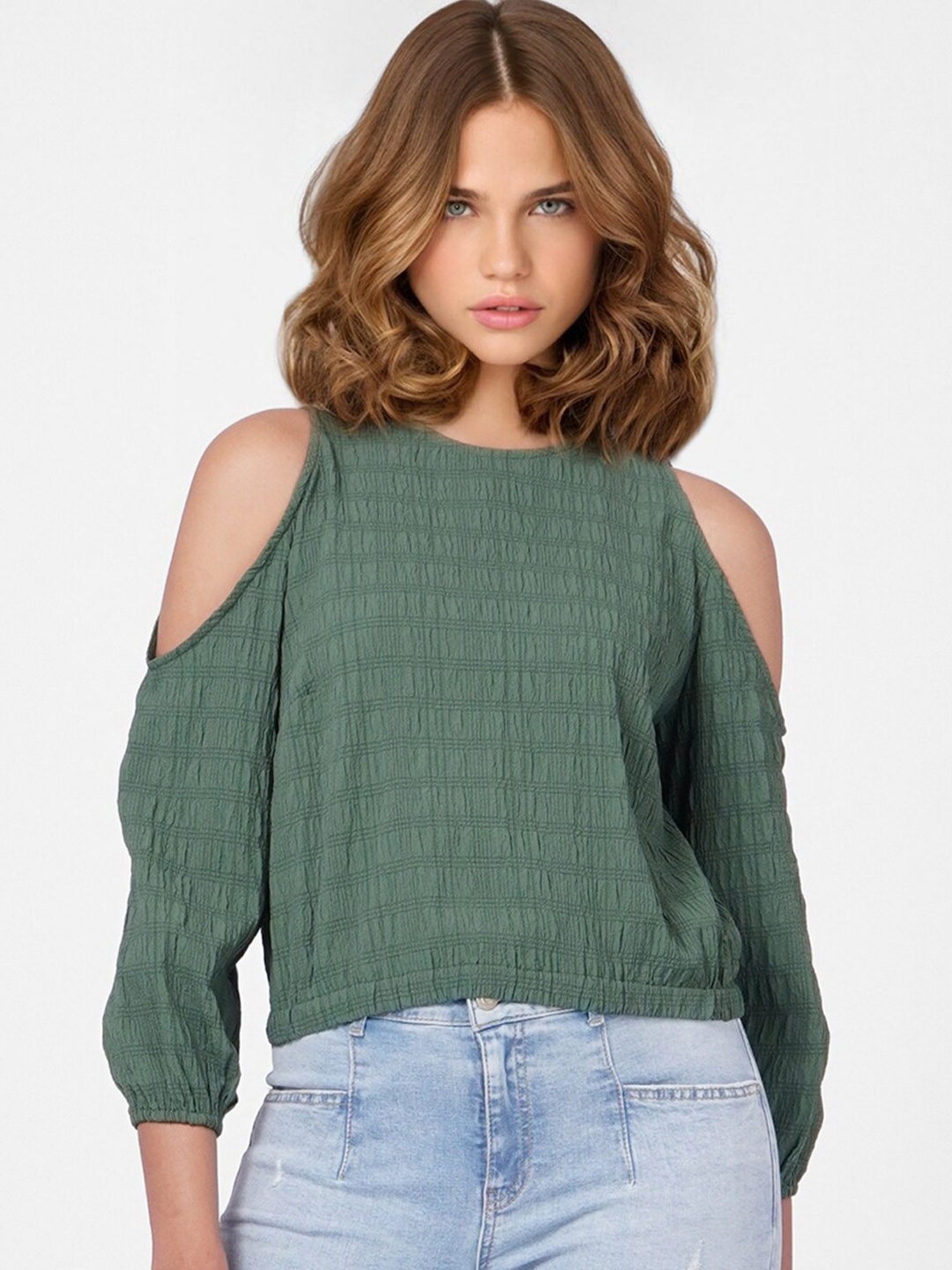 

ONLY Green Solid Cold-Shoulder Top