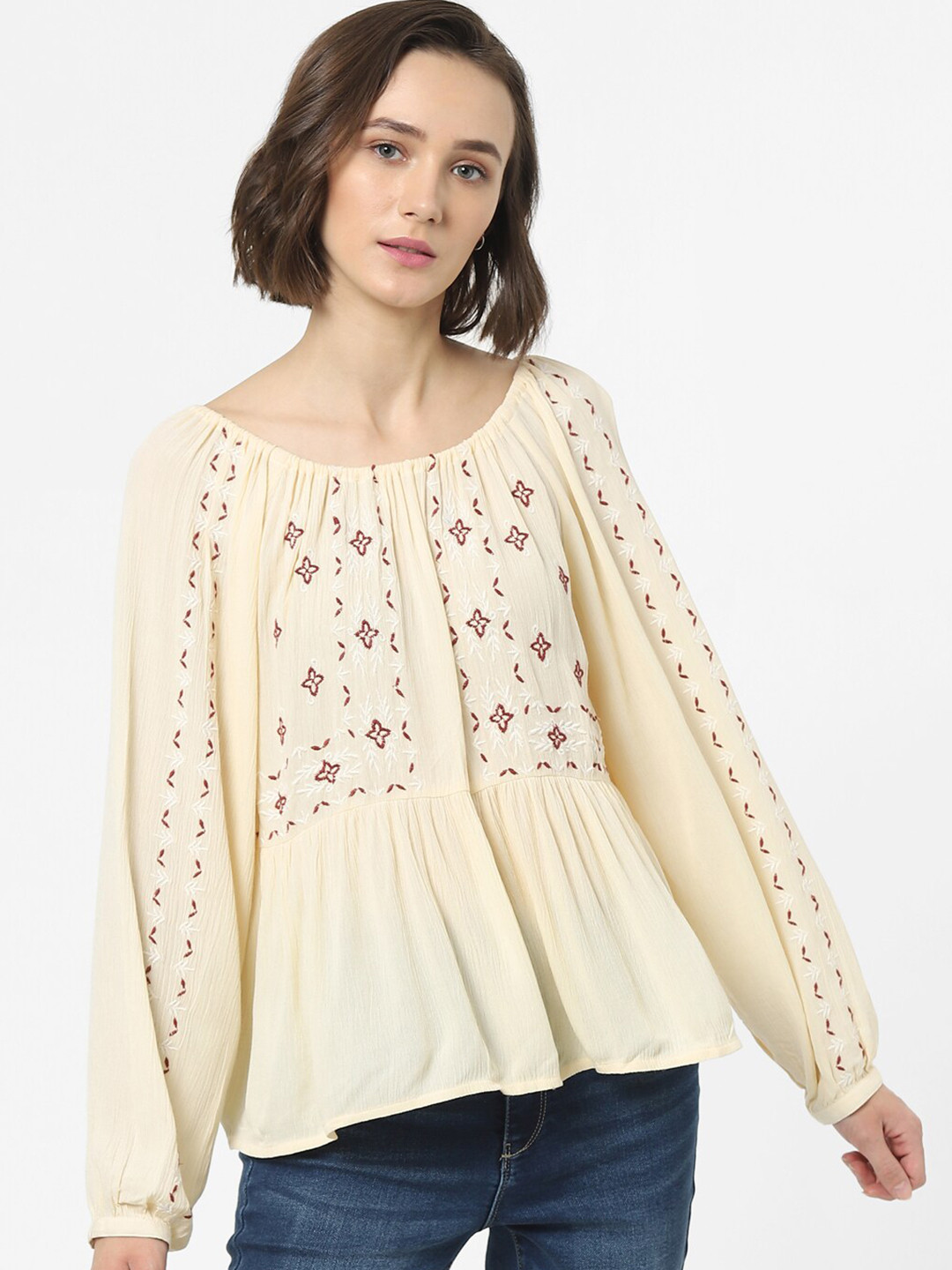 

ONLY Yellow Embroidered A-line Top