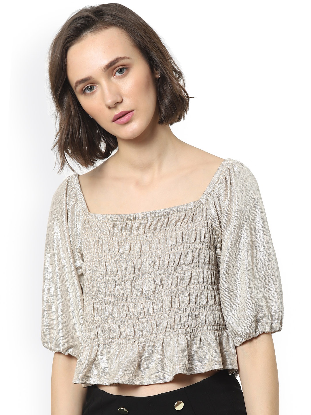 

ONLY Gold-Toned Bishop Sleeves Smocked Crop Top