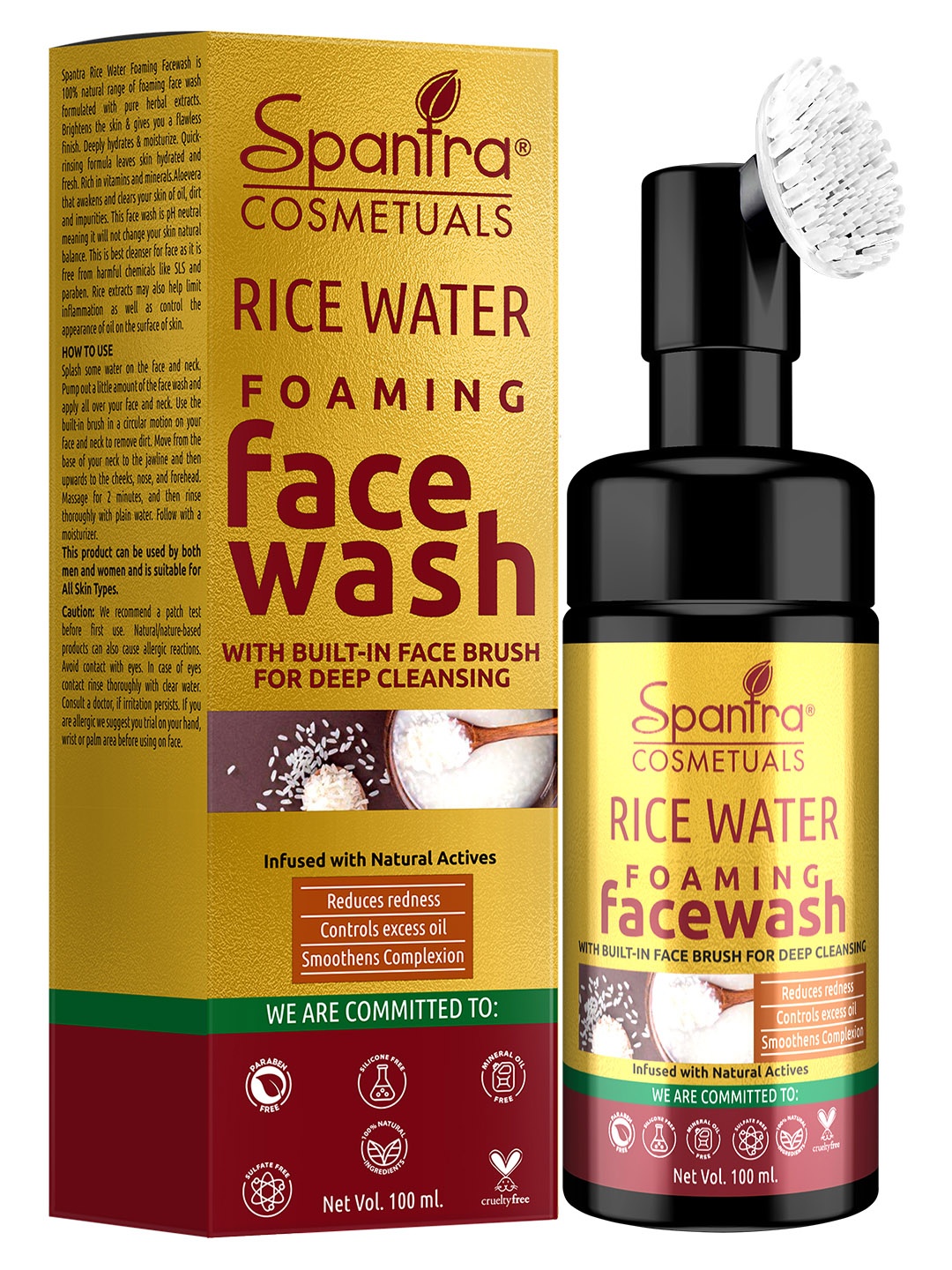 

Spantra Rice Water Foaming Face Wash With Built in Face Brush - 100 ml, Gold