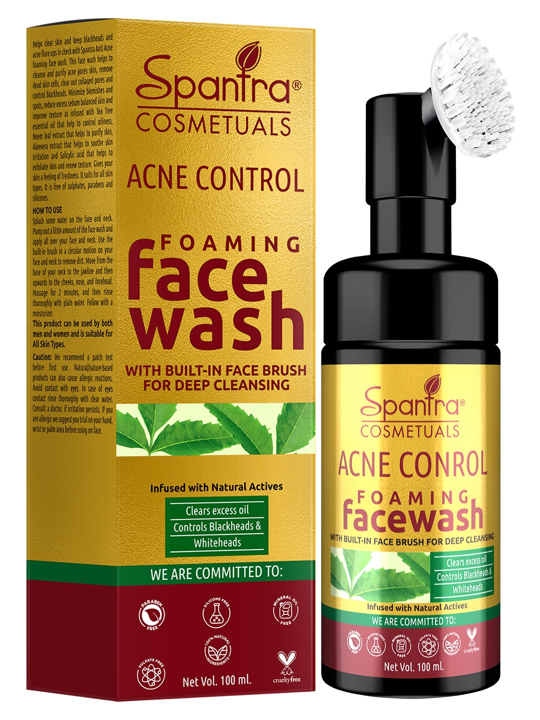 

Spantra Acne Control Foaming Face Wash with BUILT -IN Face Brush - 100 ml, Gold