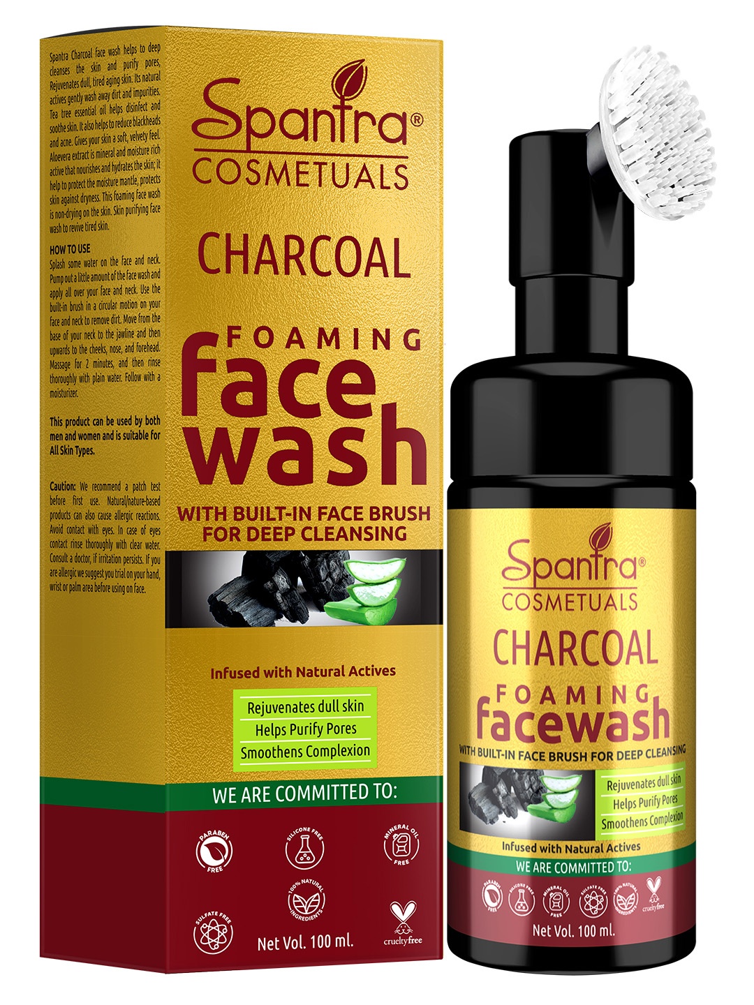 

Spantra Charcoal Foaming Face Wash With Built-In Face Brush - 100 ml, Gold